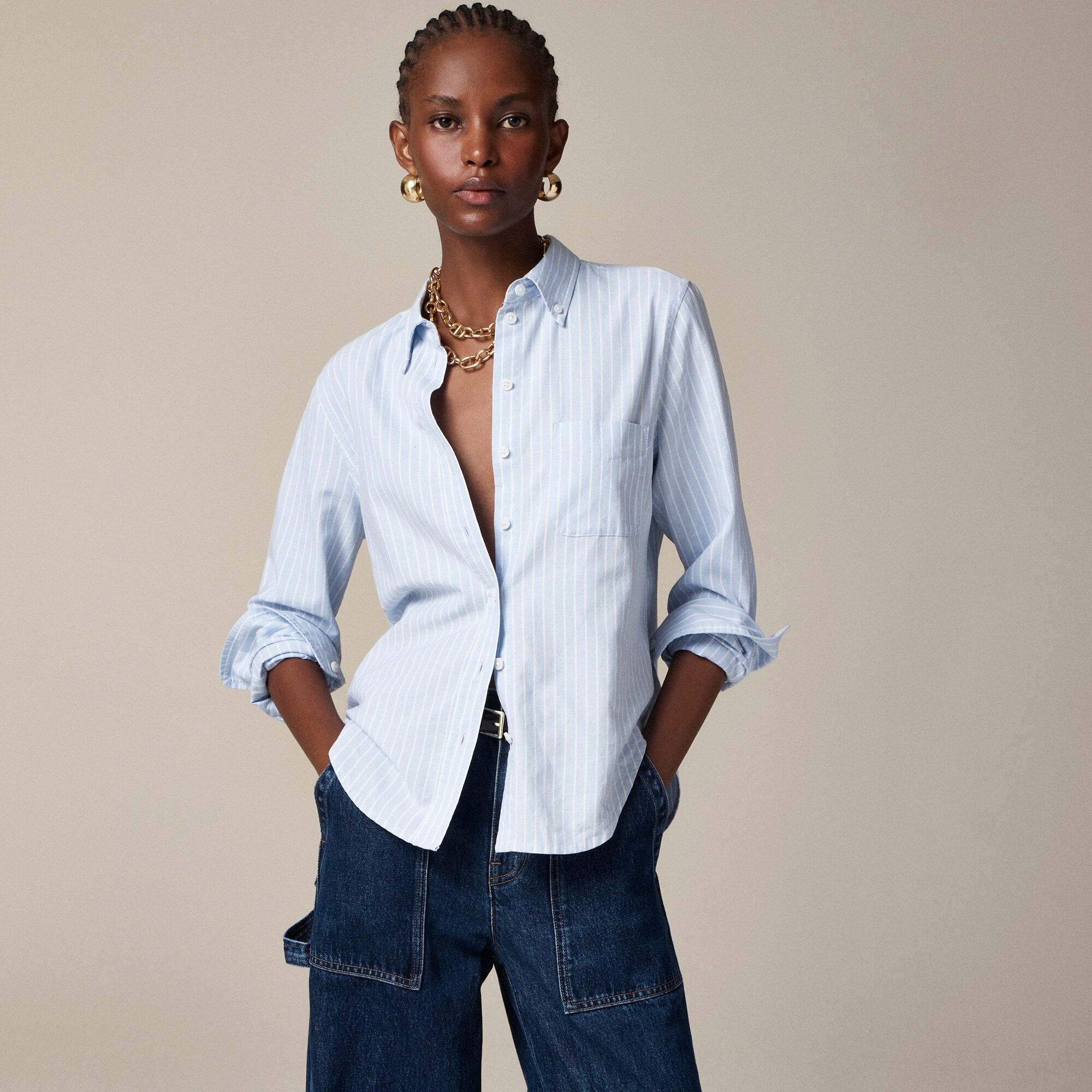  Shrunken button-up shirt in striped broken-in cotton oxford
