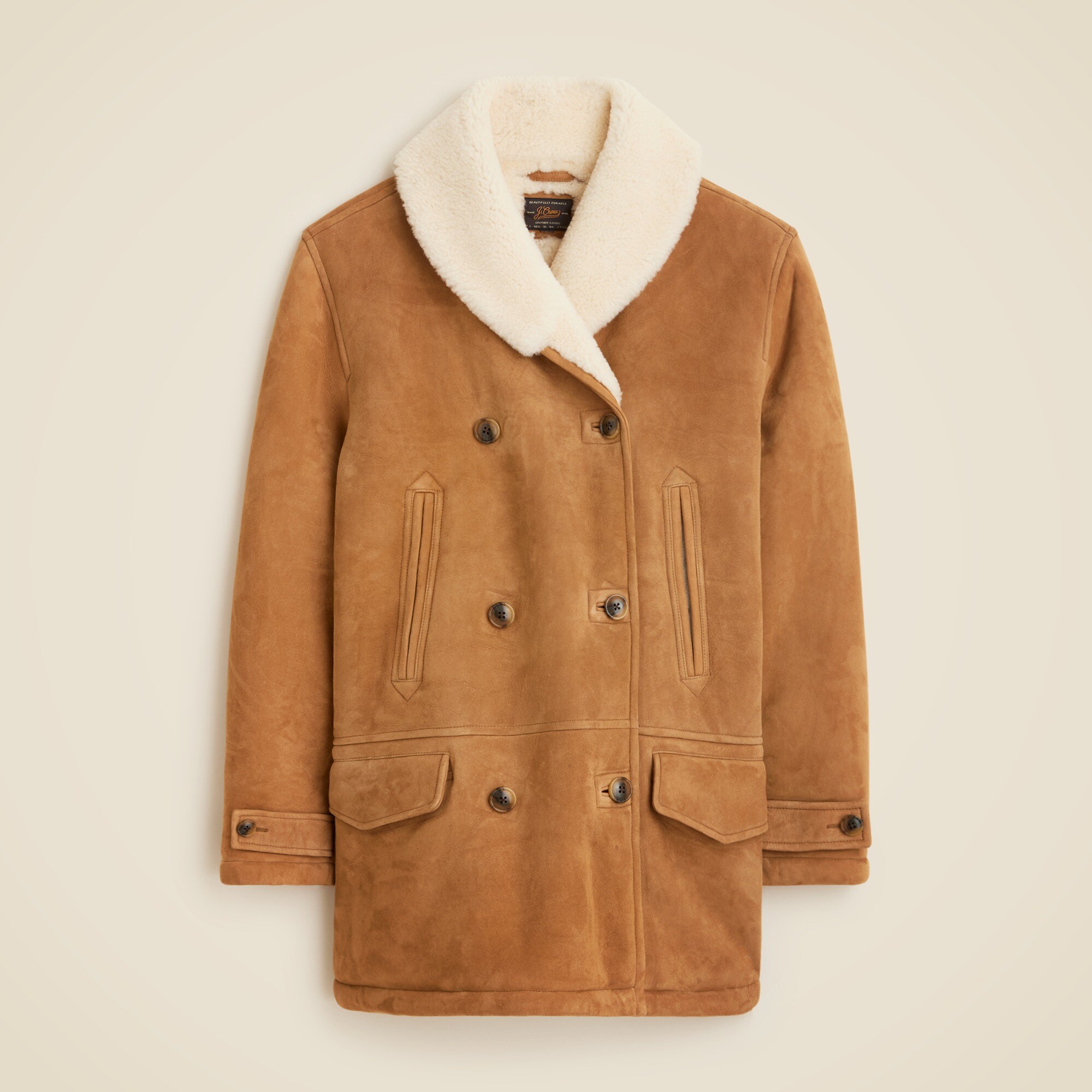 Suede double-breasted coat with Italian merino shearling