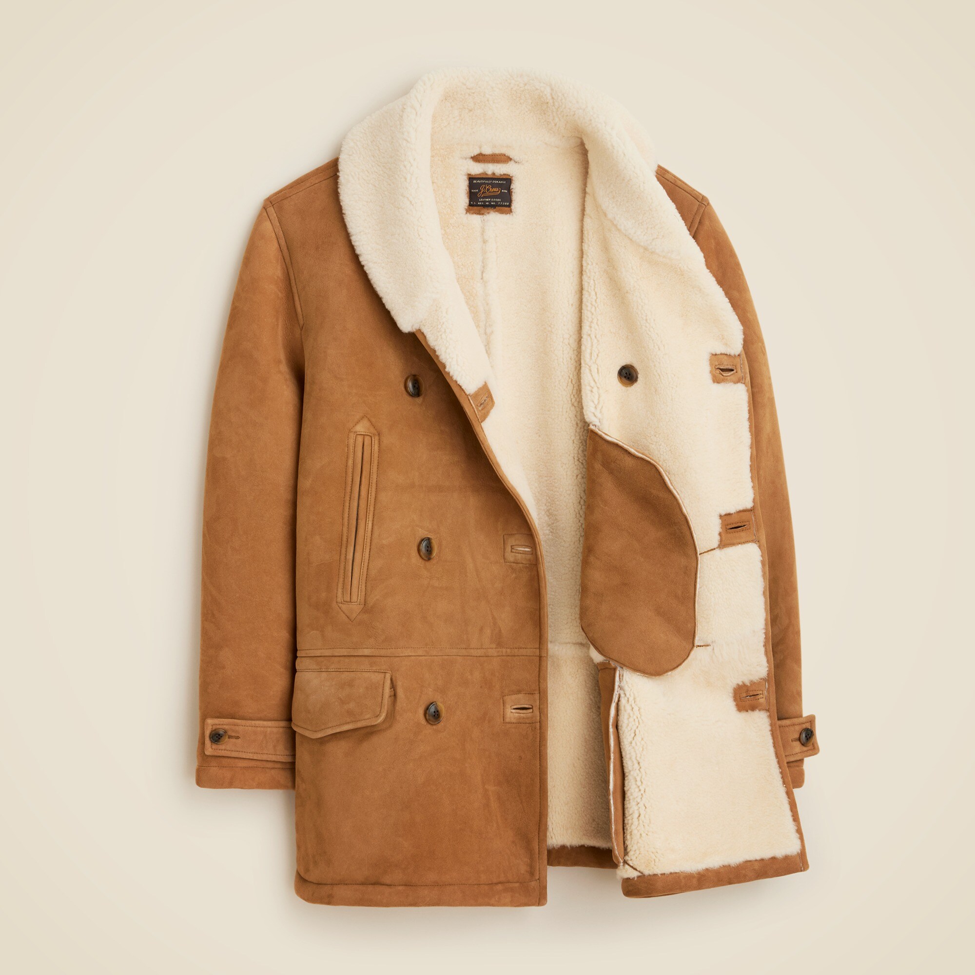 Suede double-breasted coat with Italian merino shearling