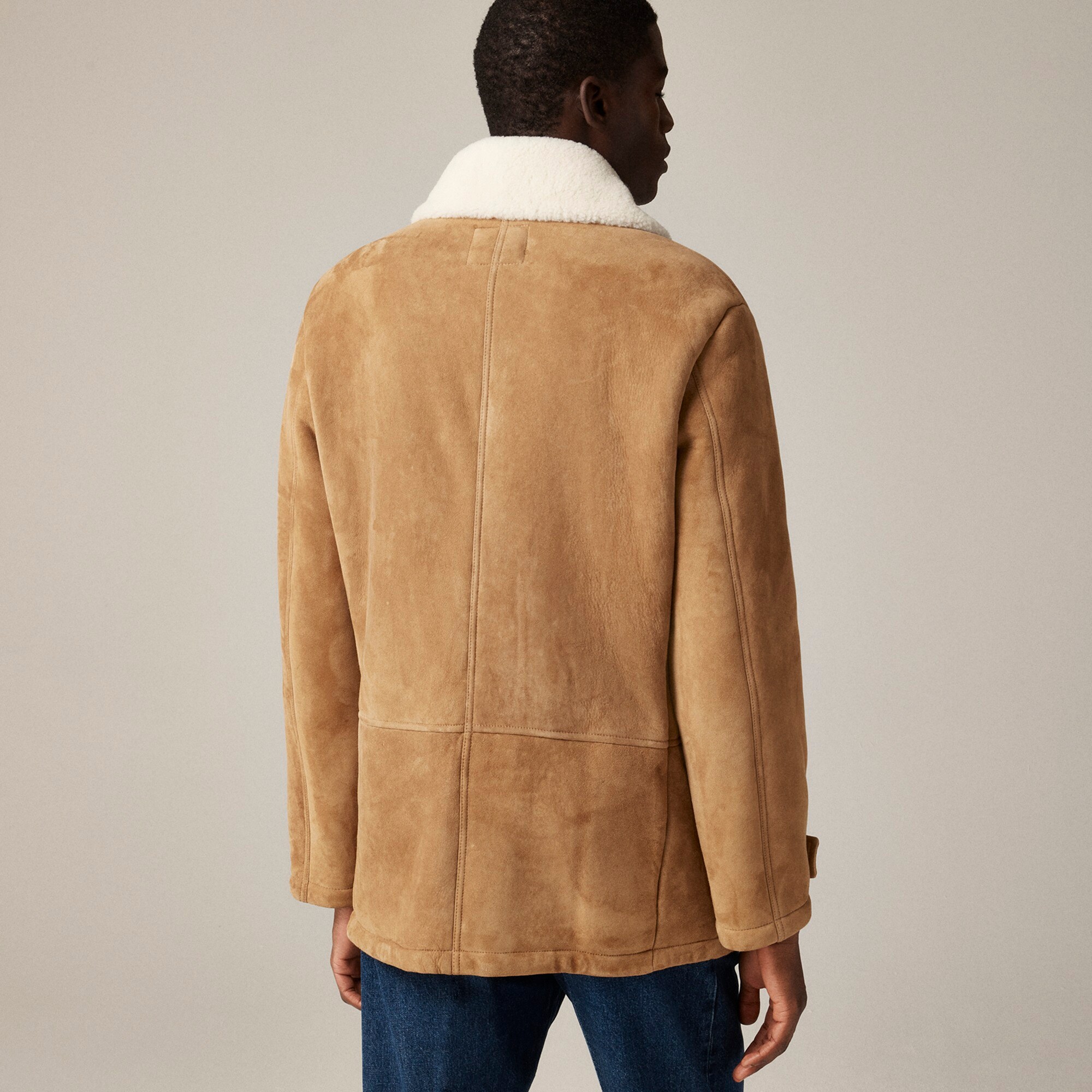 Suede double-breasted coat with Italian merino shearling