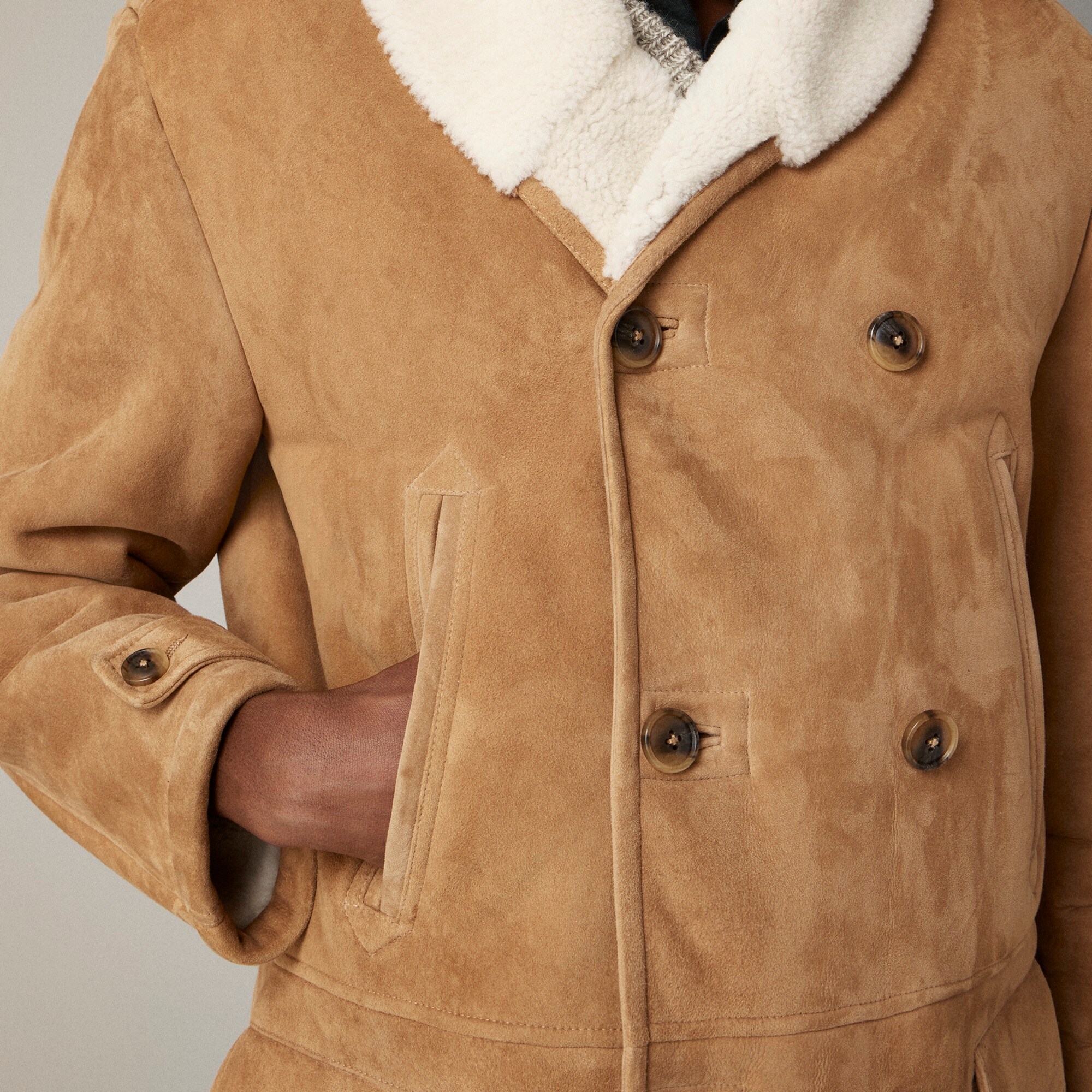 Suede double-breasted coat with Italian merino shearling