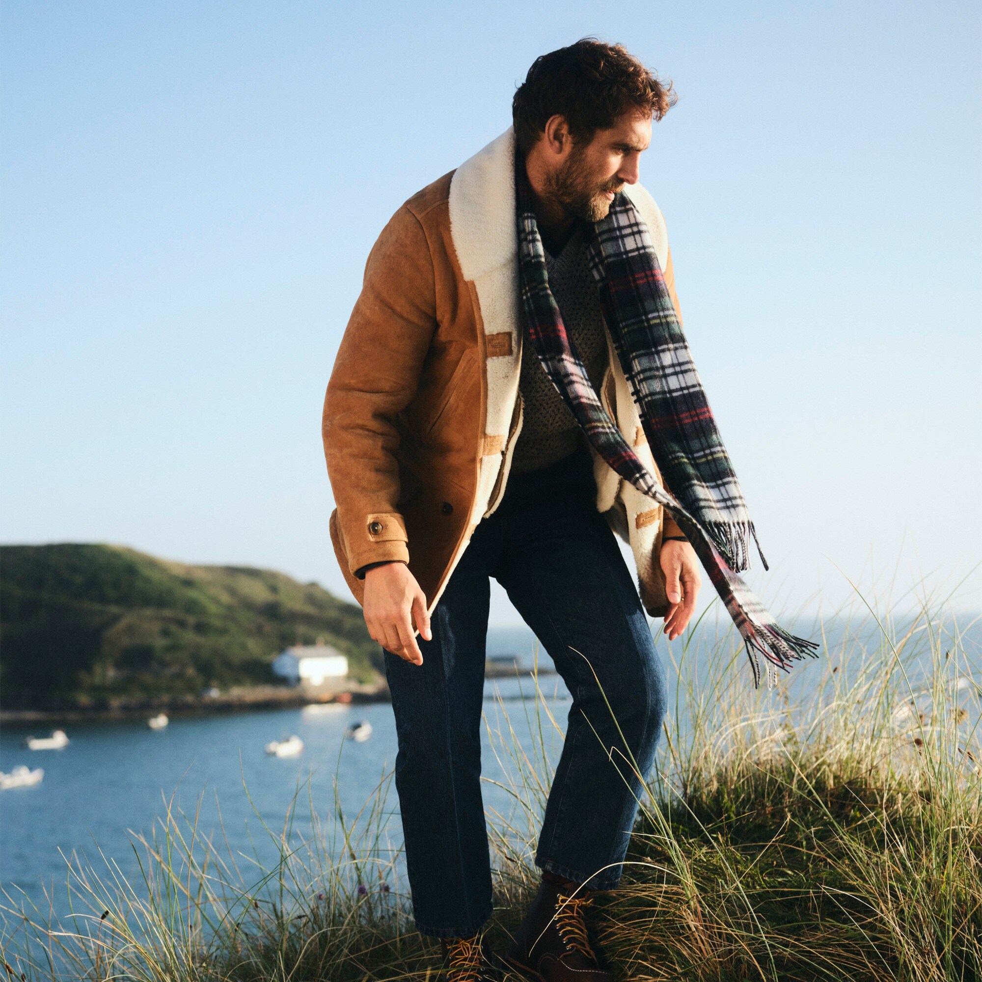 Suede double-breasted coat with Italian merino shearling