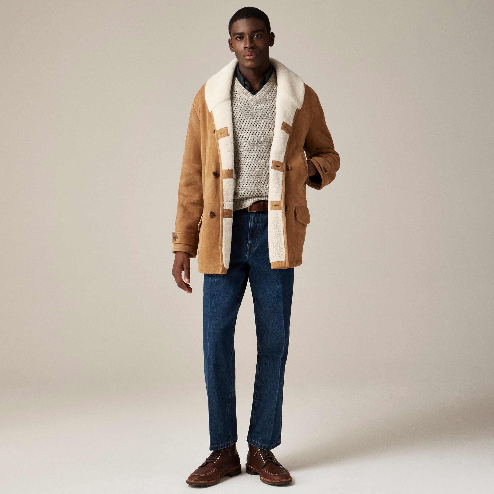 mens Suede double-breasted coat with Italian merino shearling