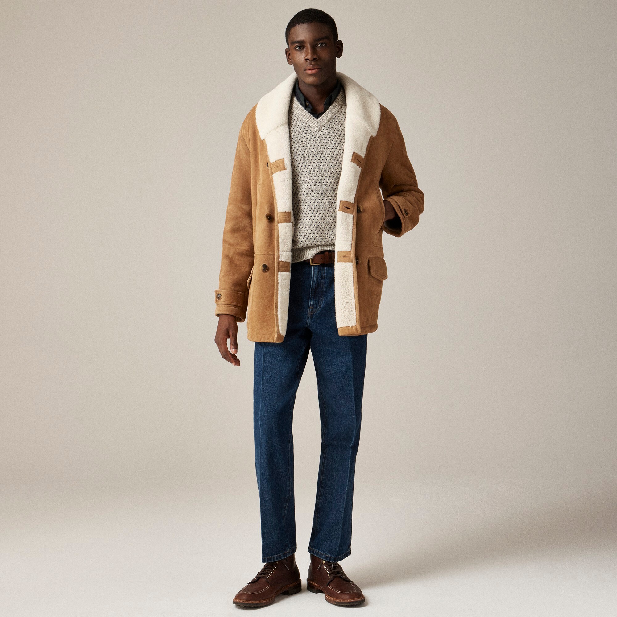 Suede double-breasted coat with Italian merino shearling