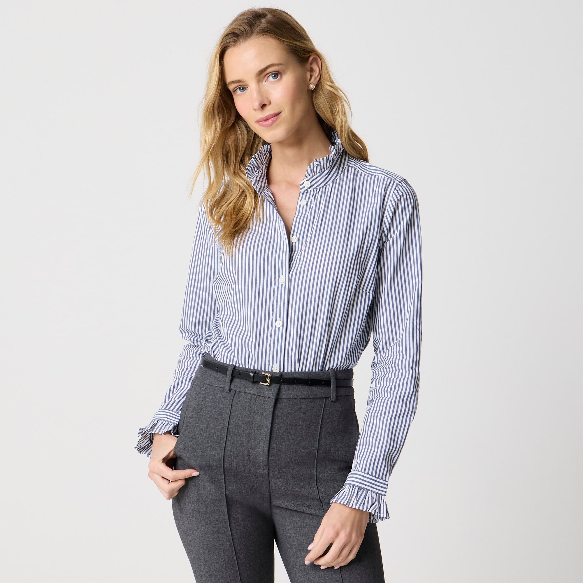 Striped Ruffleneck Button-up For Women | Factory