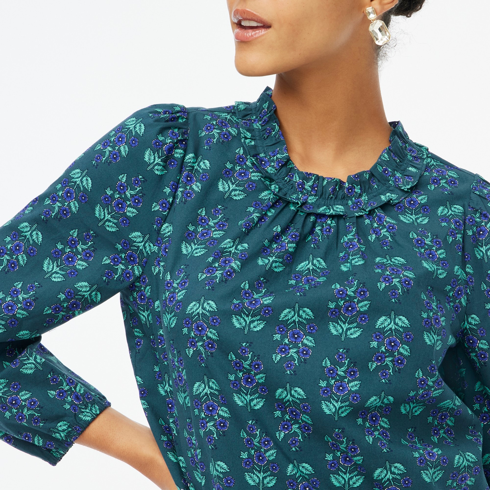 Long-sleeve ruffleneck poplin blouse