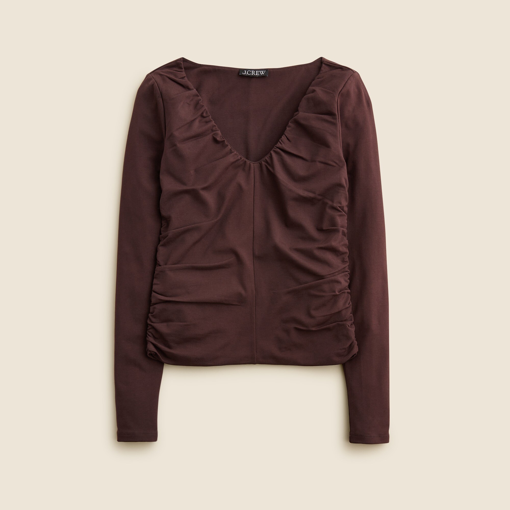 Stretch cotton-blend ruched V-neck top