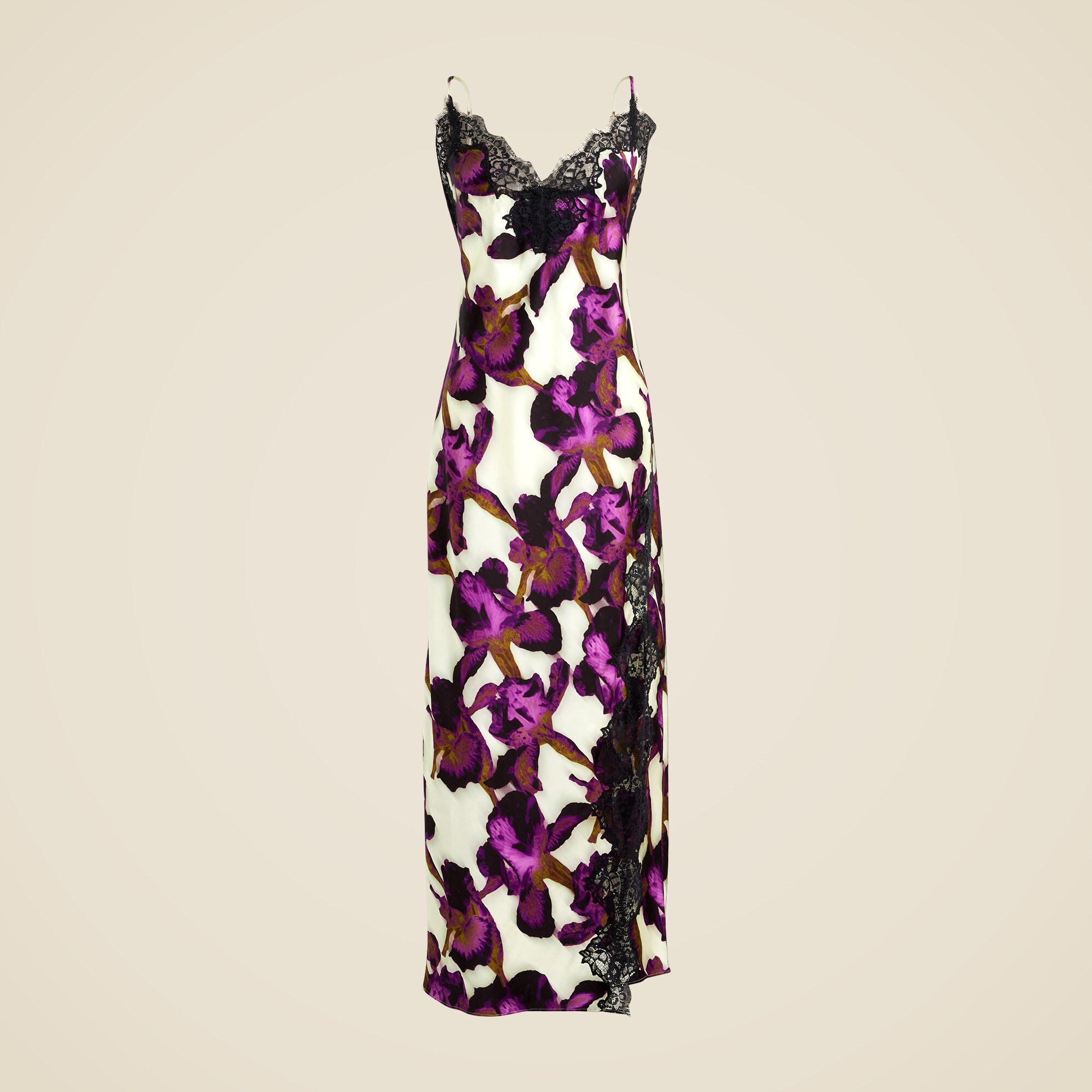 Lace-trim slip dress in iris floral textured satin