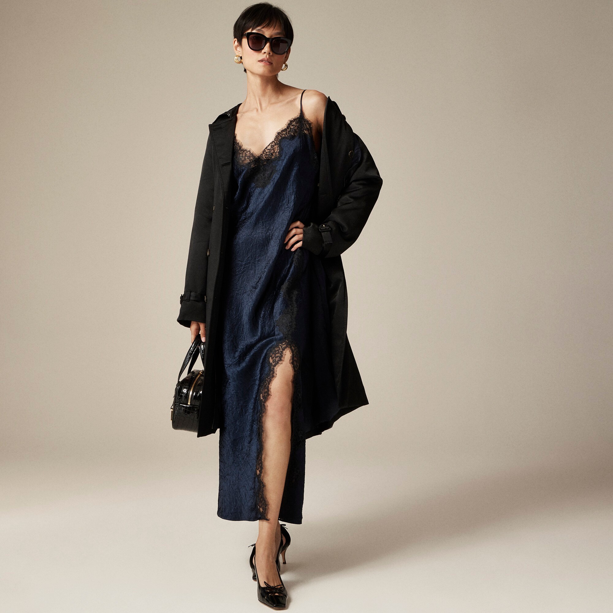  Lace-trim slip dress in textured satin
