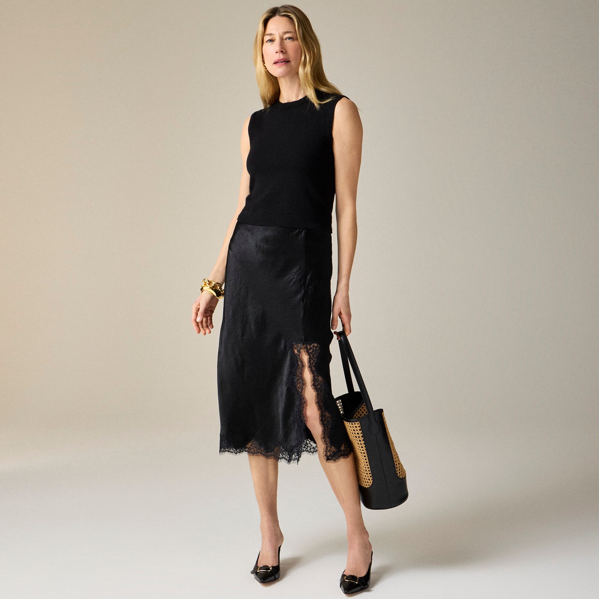  Gwyneth lace-trim slip skirt in textured satin