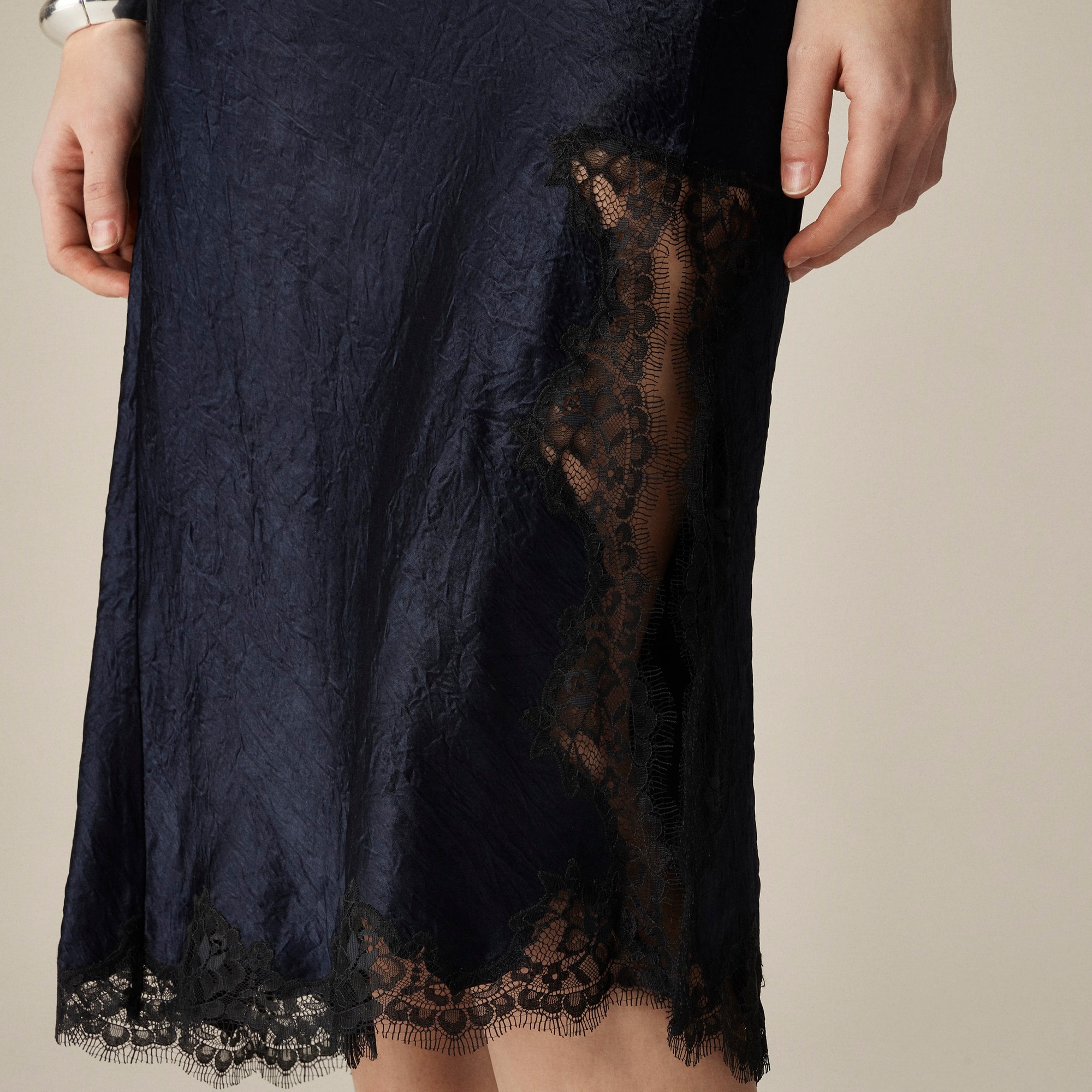 Gwyneth lace-trim slip skirt in textured satin