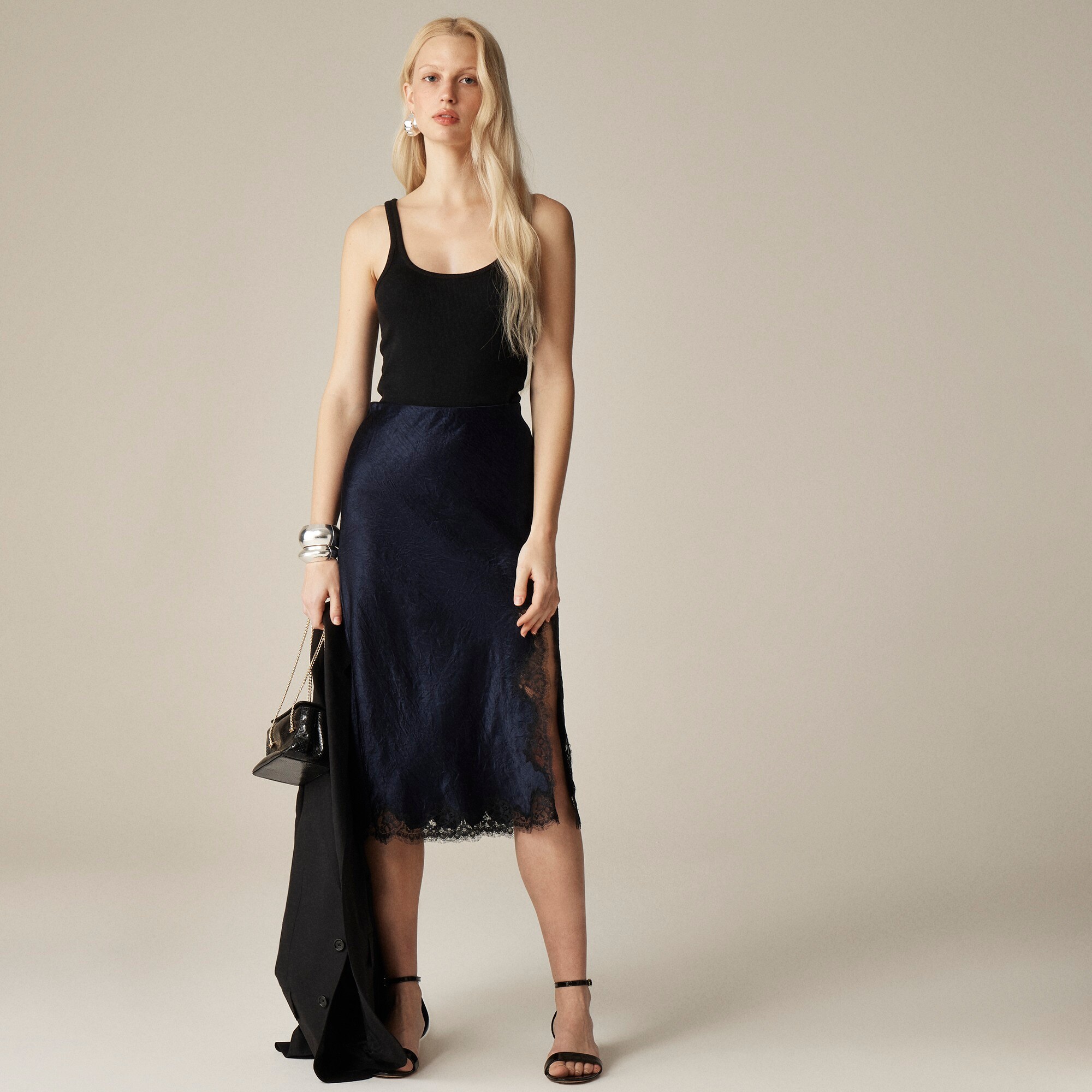  Gwyneth lace-trim slip skirt in textured satin