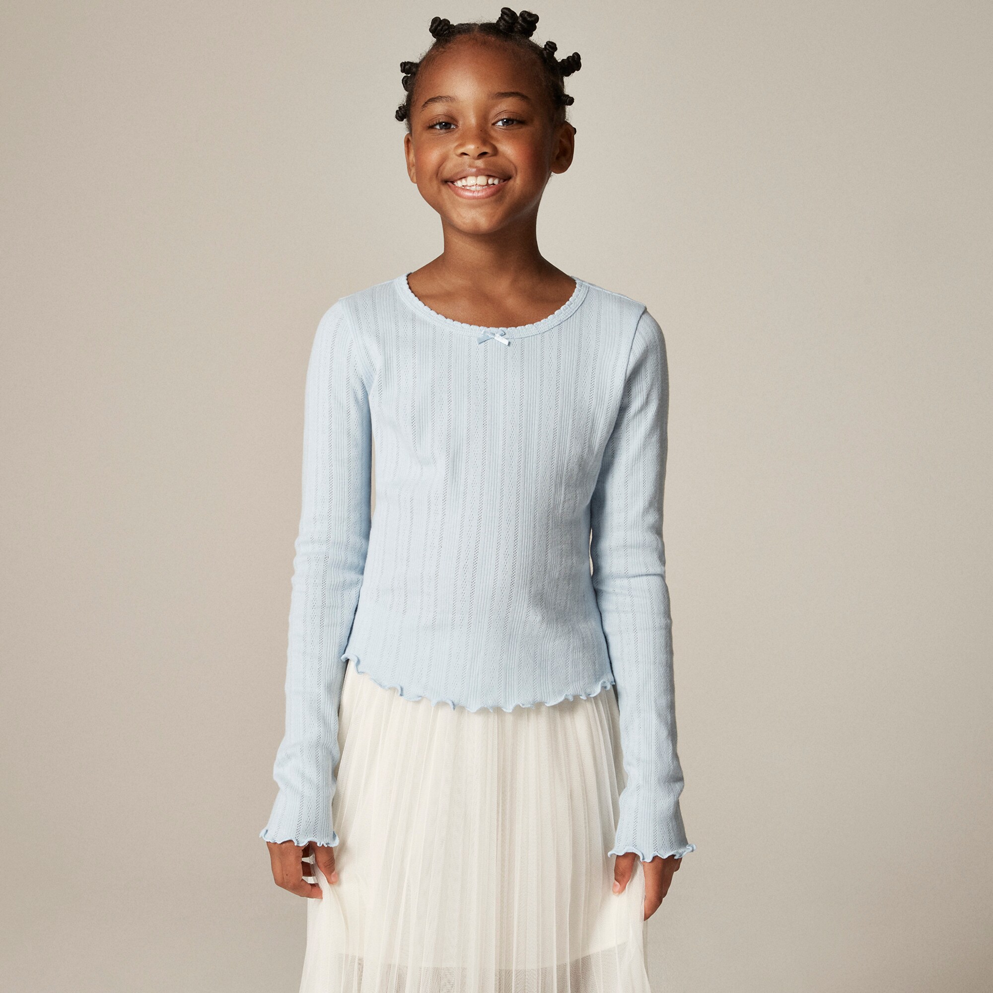 Girls' long-sleeve pointelle-knit T-shirt