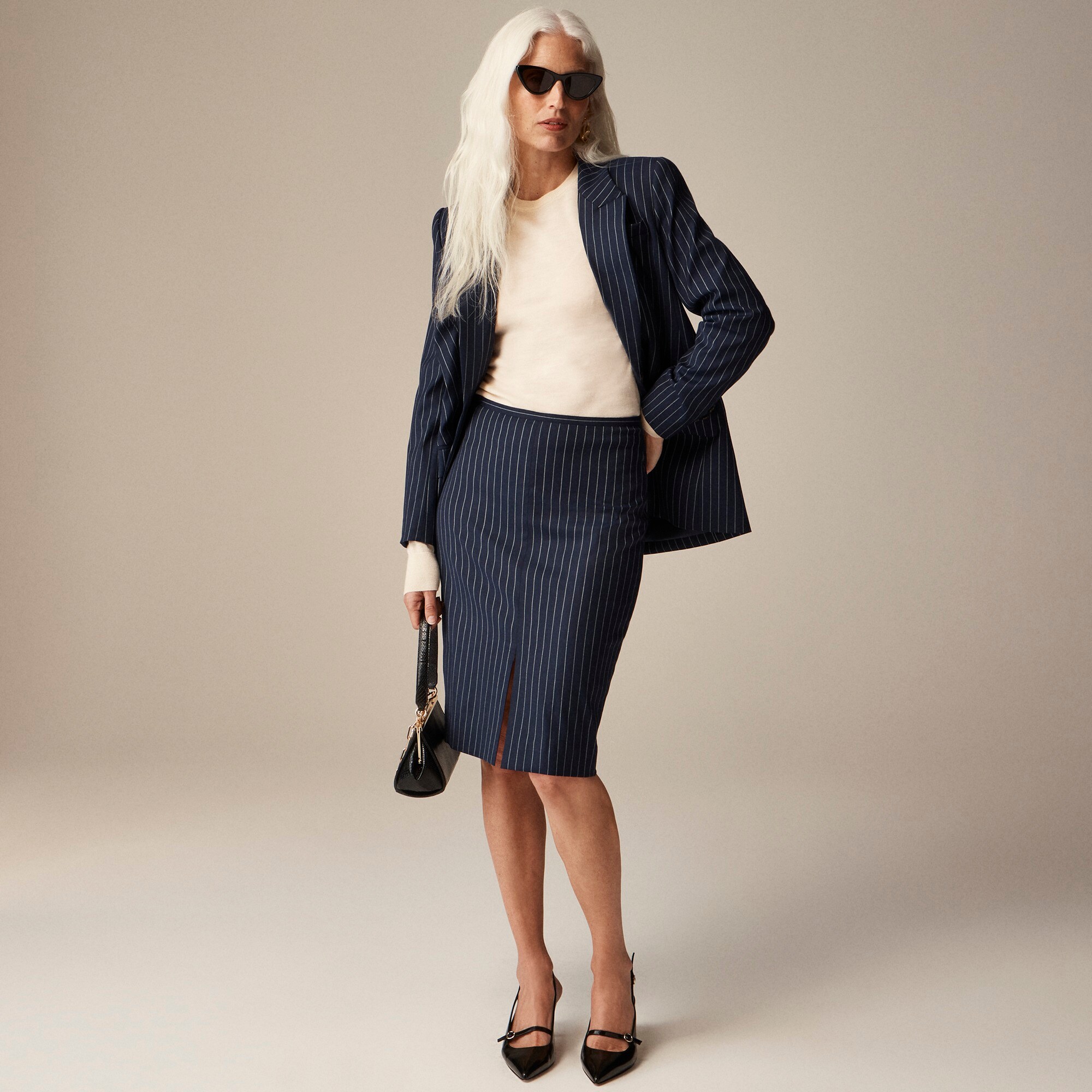  Pencil knee-length skirt in navy pinstripe Italian wool blend