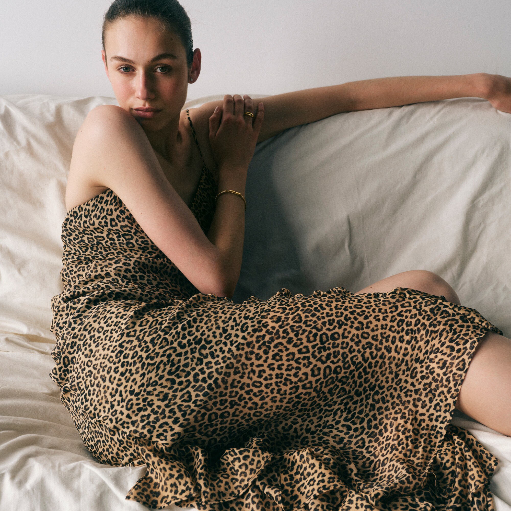Ruffle slip dress in leopard chiffon