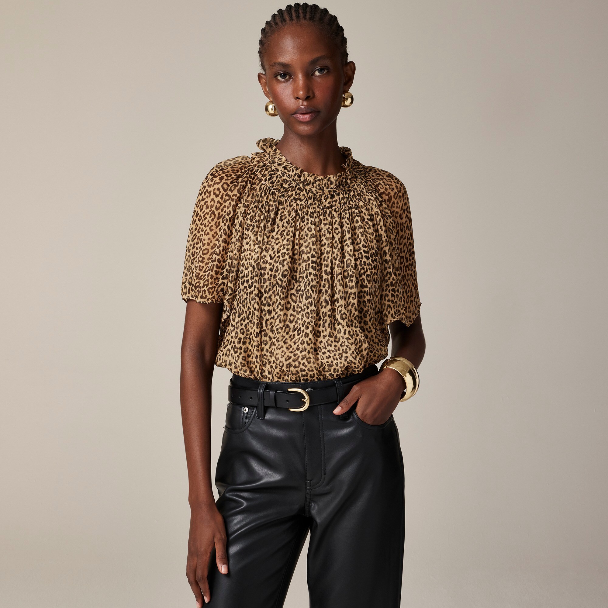  Crinkle chiffon smocked top in leopard print