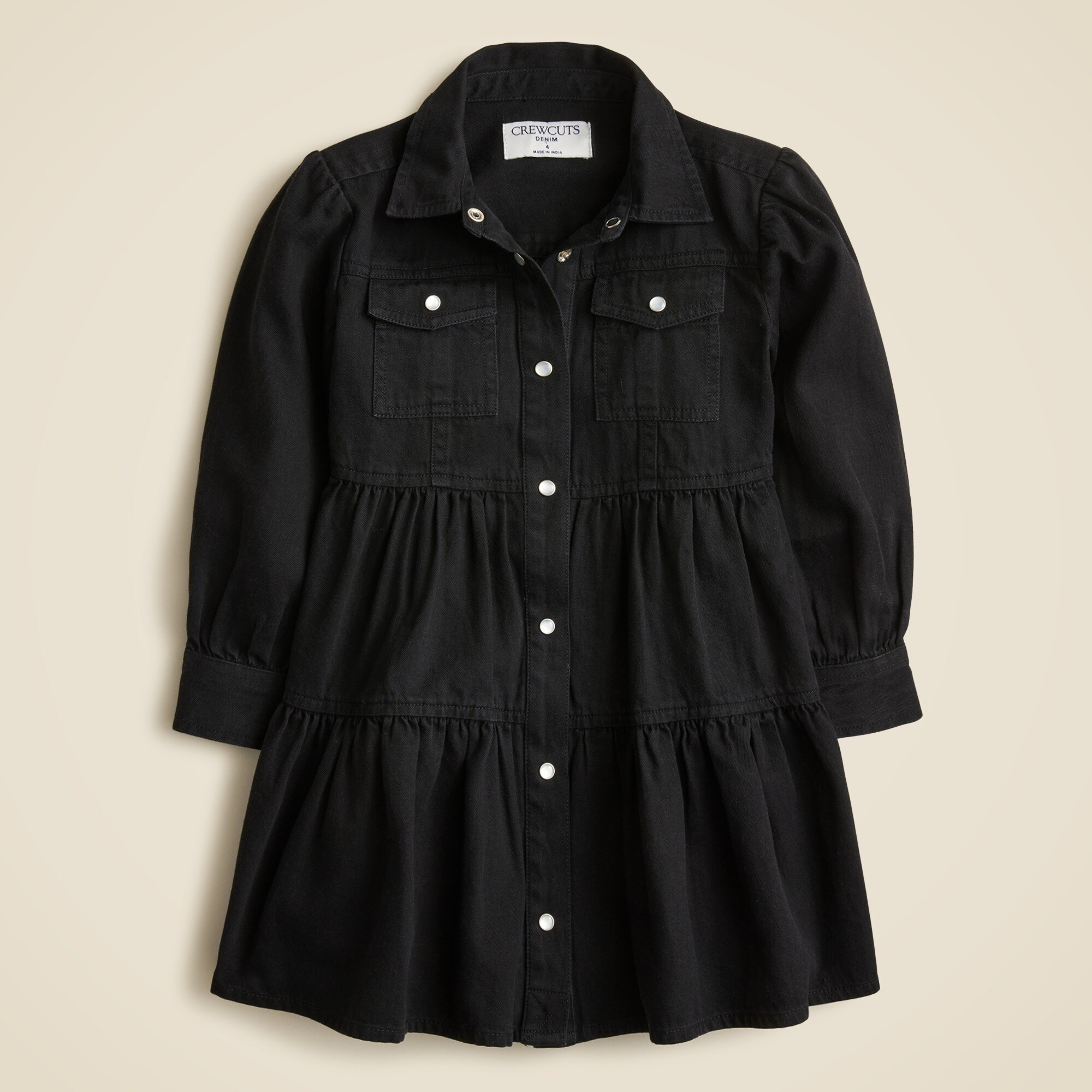 Girls' long-sleeve patch-pocket shirt-dress in drapey denim