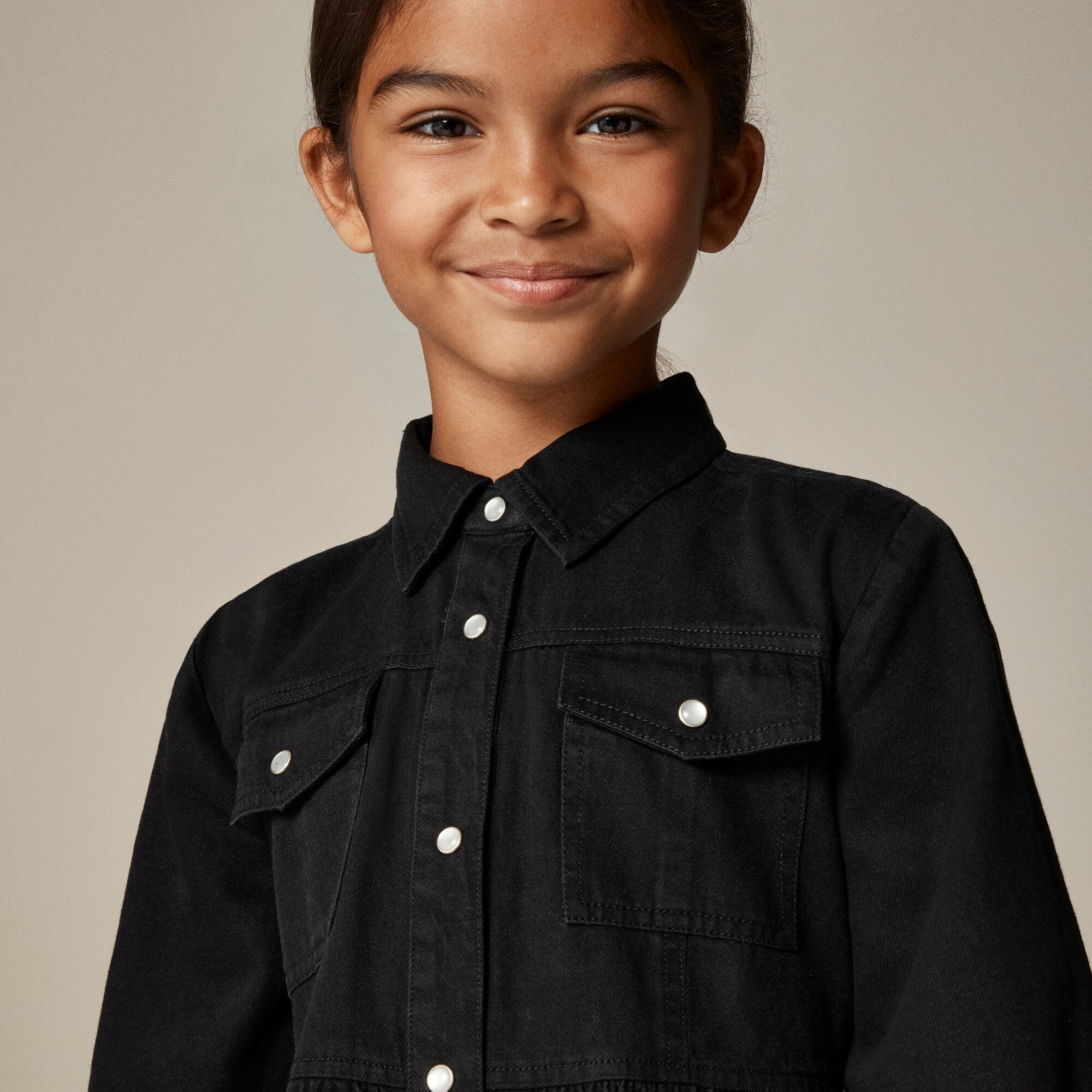 Girls' long-sleeve patch-pocket shirt-dress in drapey denim