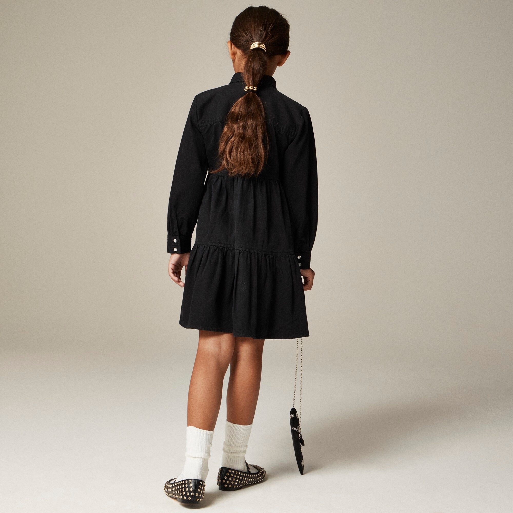 Girls' long-sleeve patch-pocket shirt-dress in drapey denim
