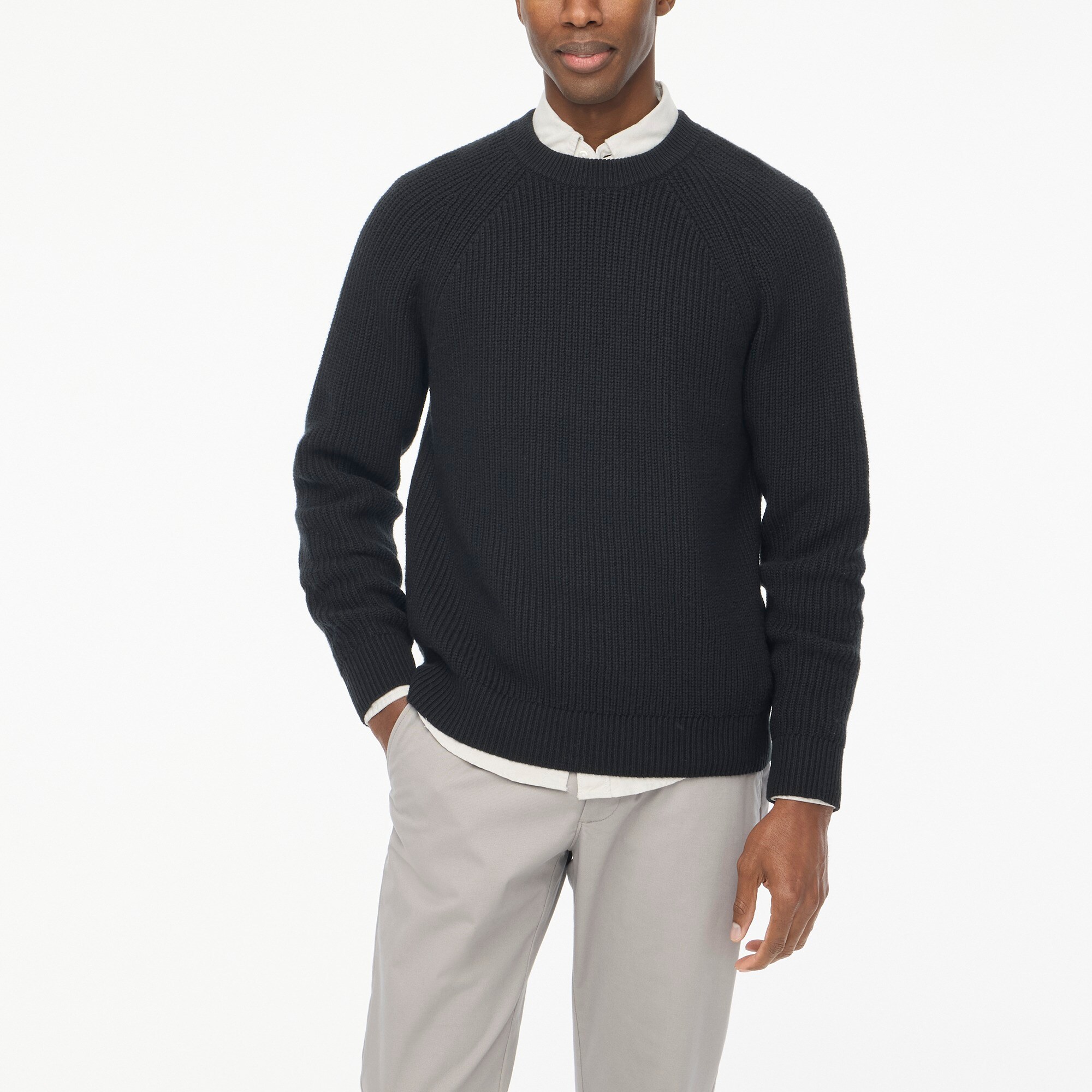 Raglan shaker-stitch crewneck sweater