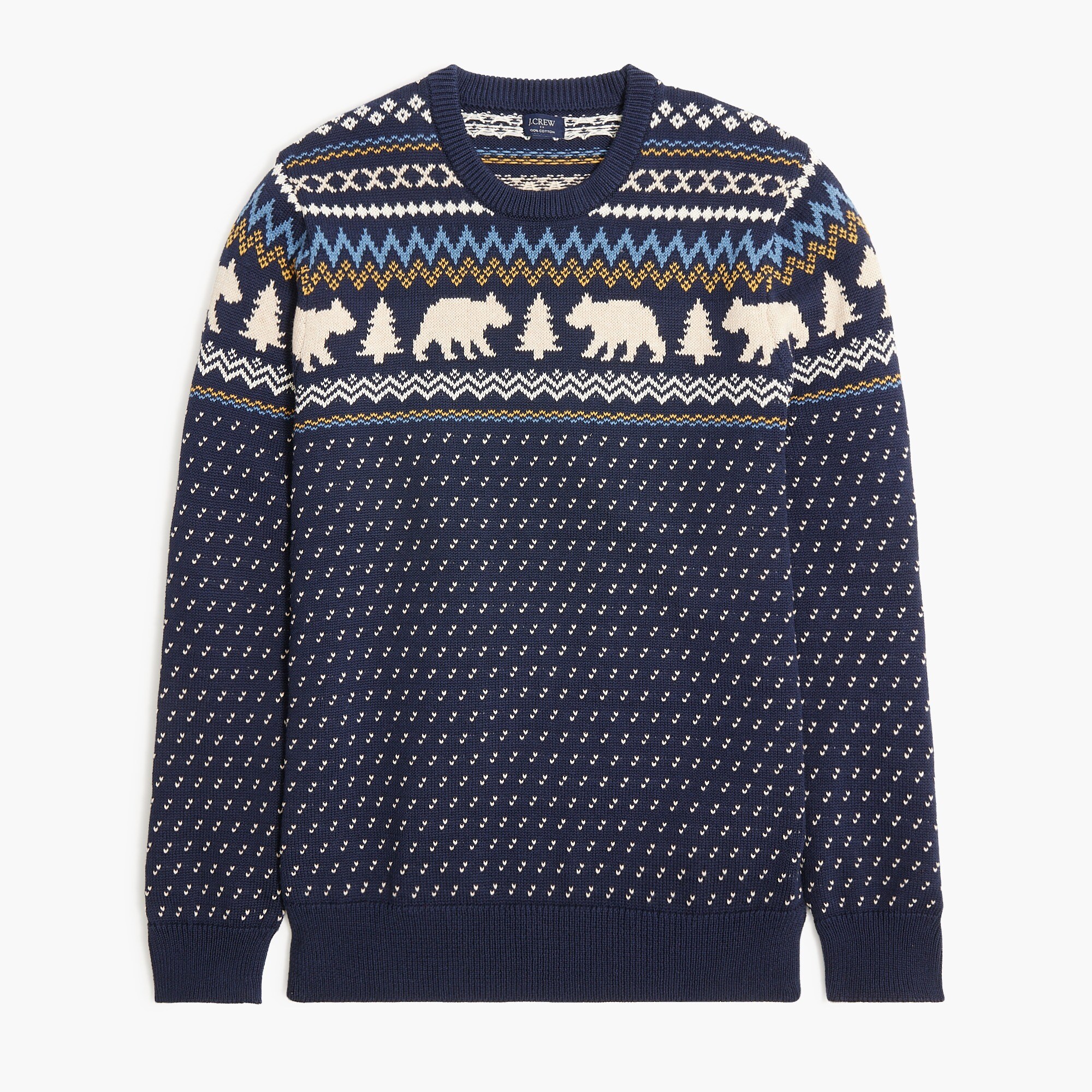 cotton fair isle bear crewneck sweater for men