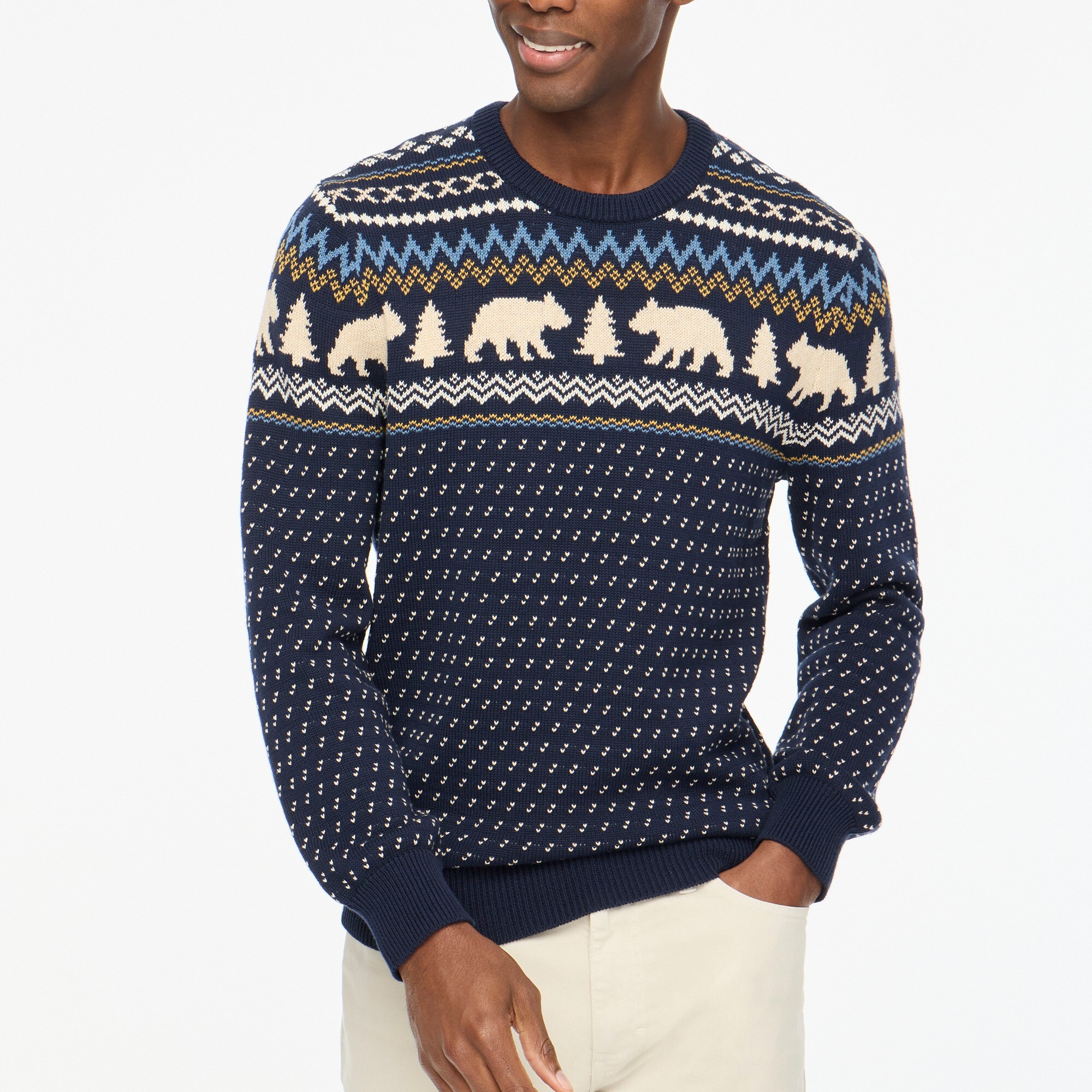 Factory Cotton Fair Isle Bear Crewneck Sweater For Men