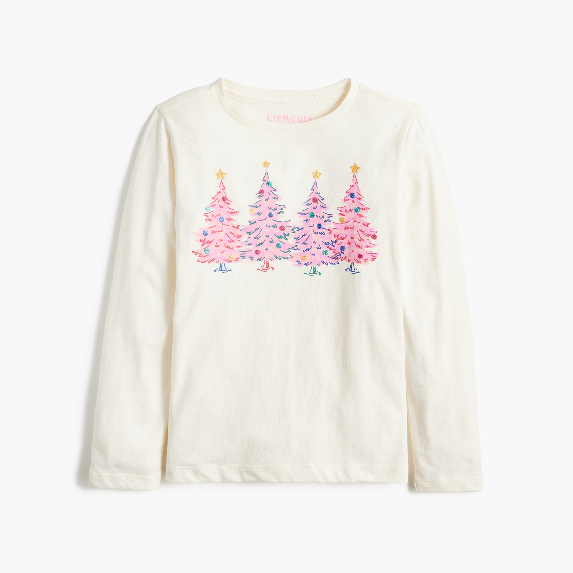 Girls' long-sleeve pink Christmas tree graphic tee