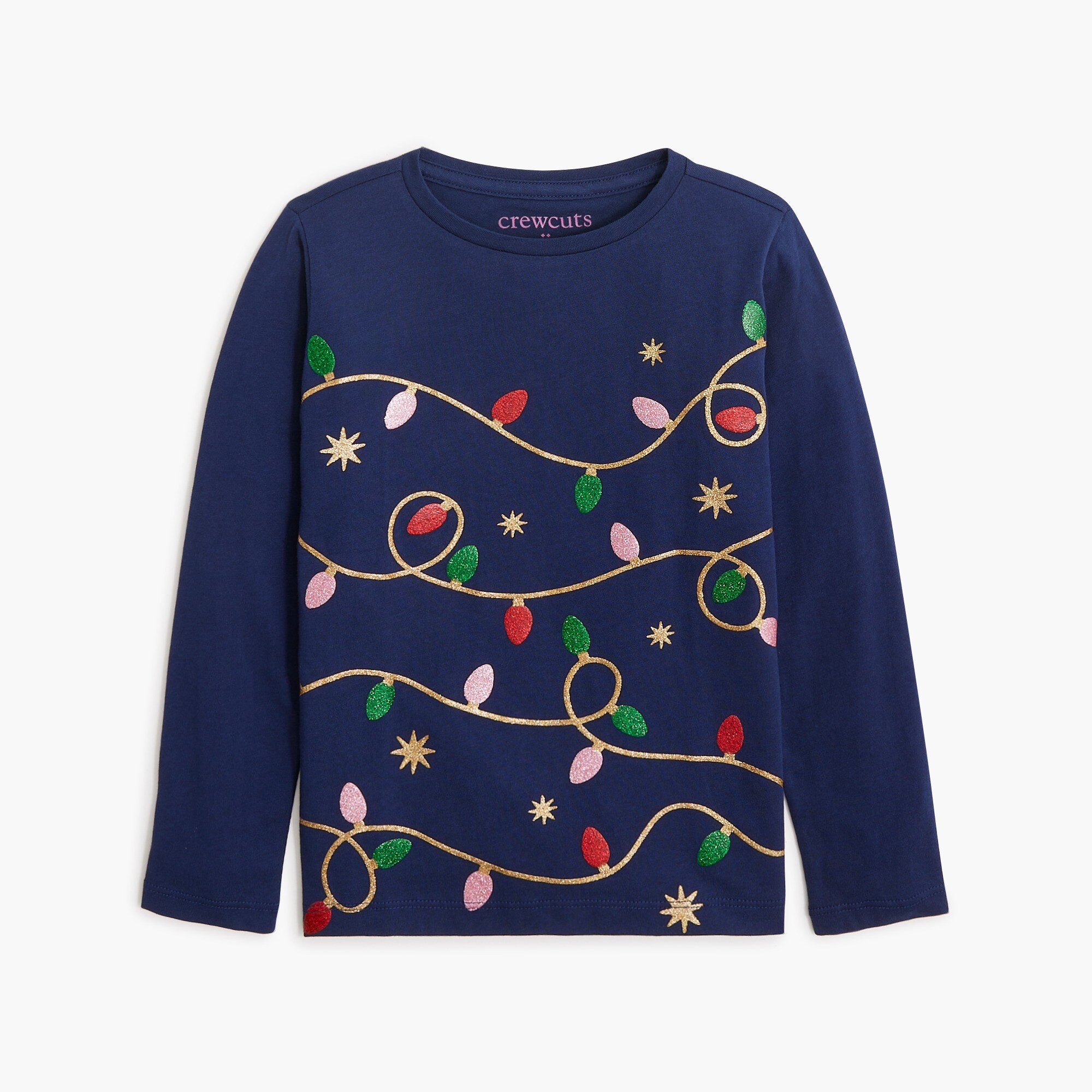 Girls' long-sleeve glitter holiday lights graphic tee