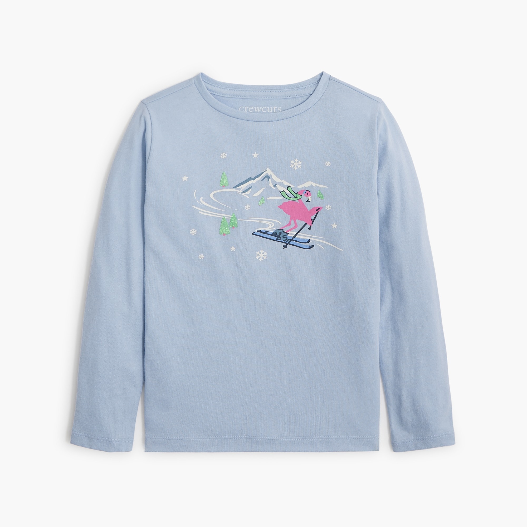 Girls' long-sleeve skiing flamingo graphic tee