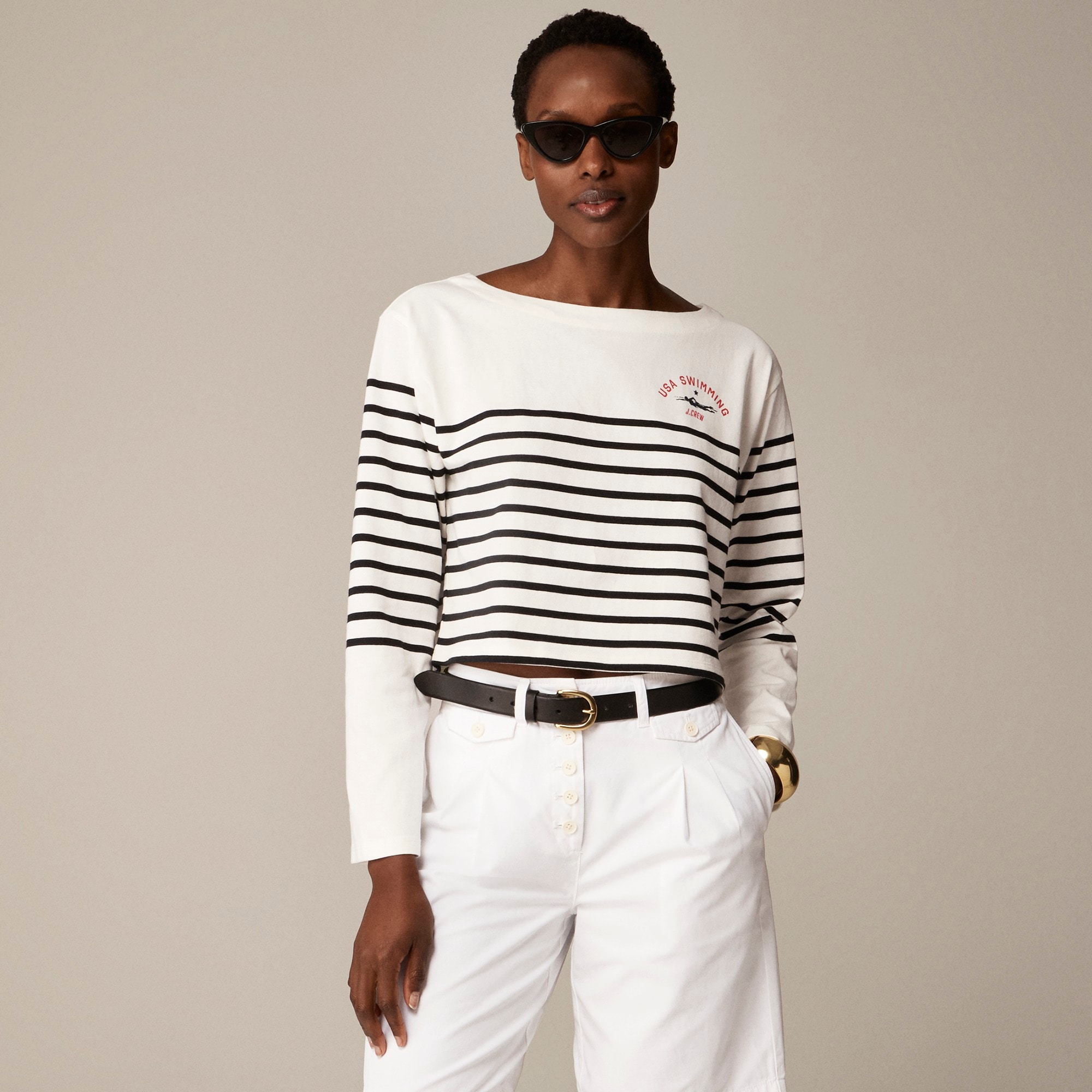 womens Limited-edition USA Swimming&reg; X J.Crew cropped boatneck T-shirt in striped mariner cotton