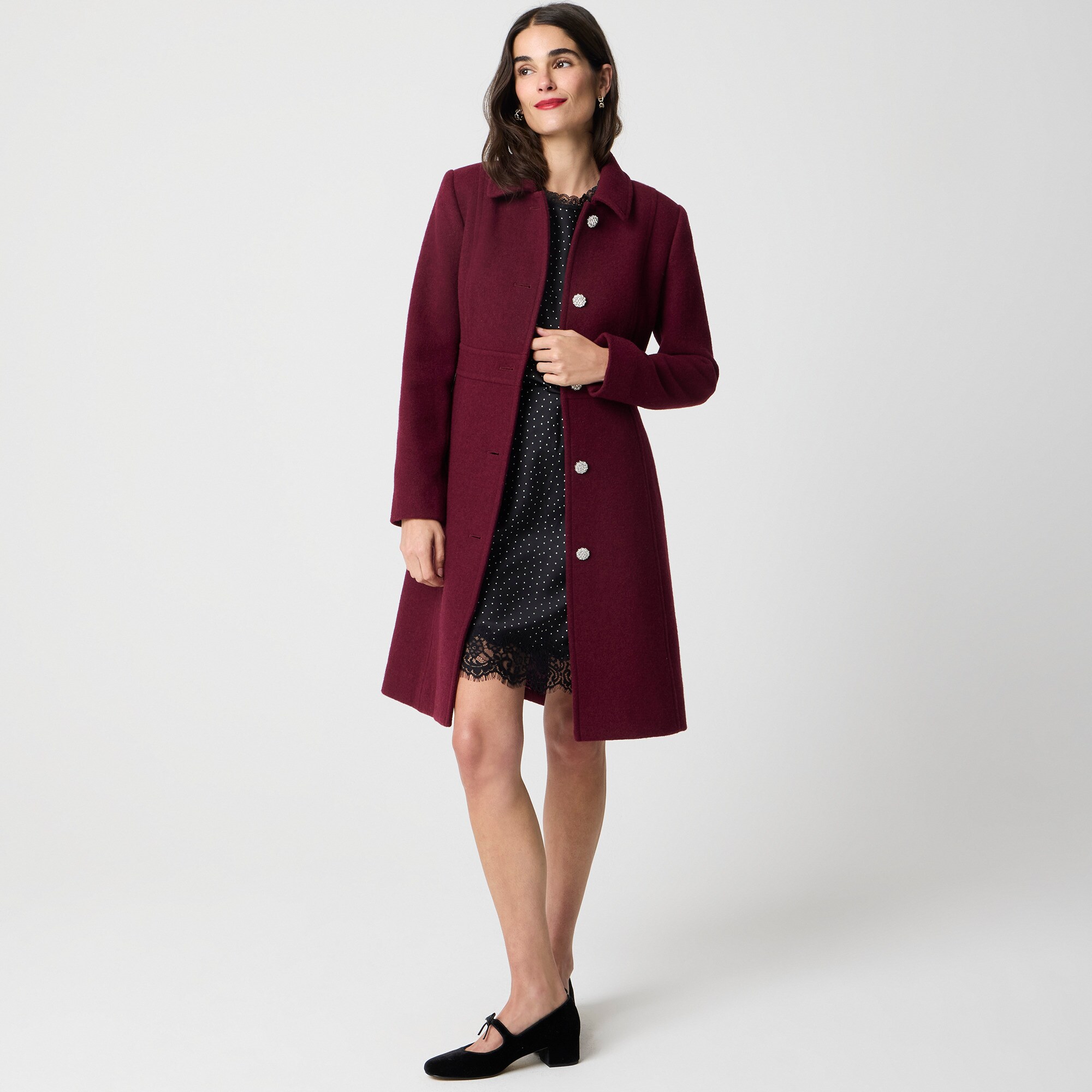  Lady day coat with jeweled buttons