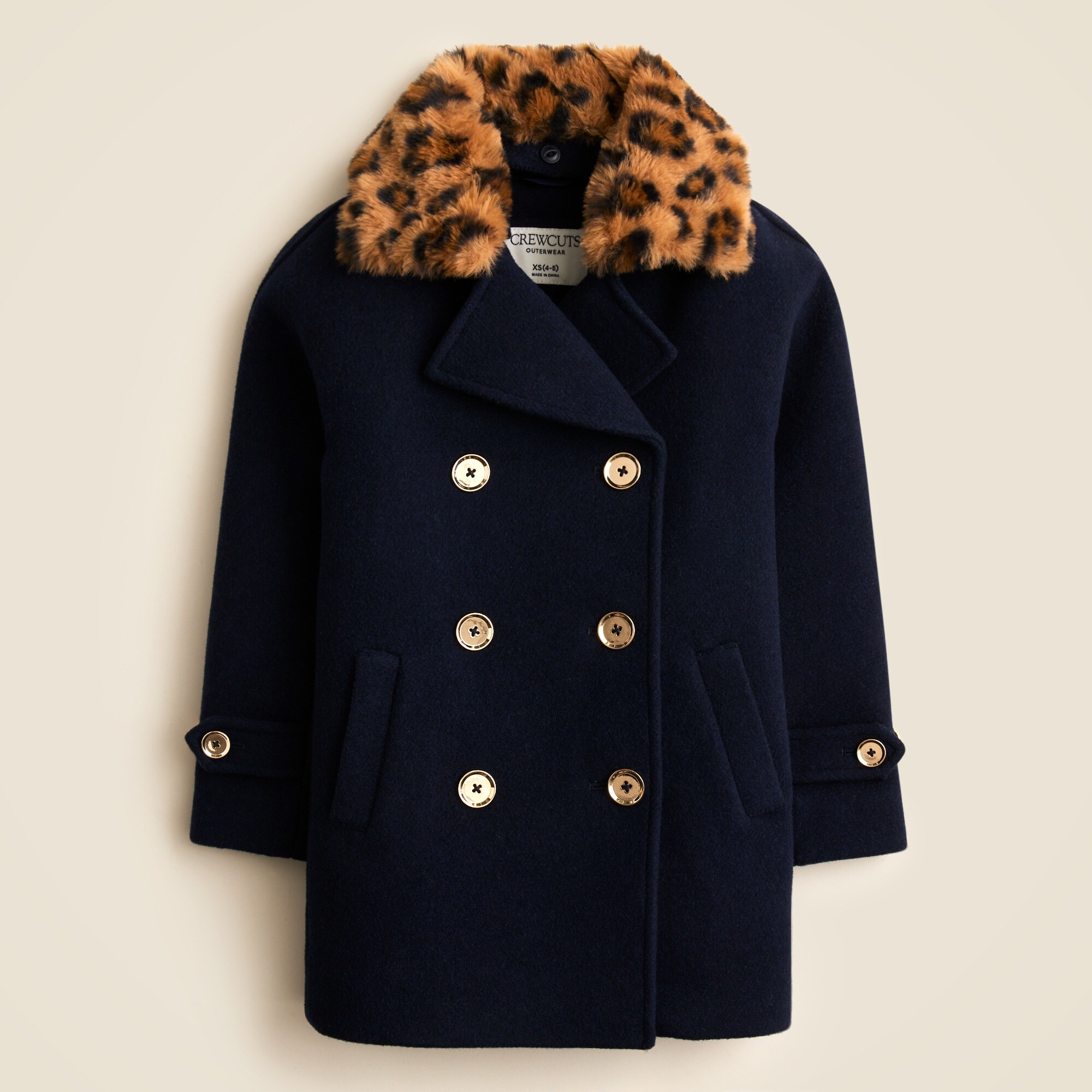Girls' Wool-blend Peacoat With Leopard Faux-fur Collar For Girls