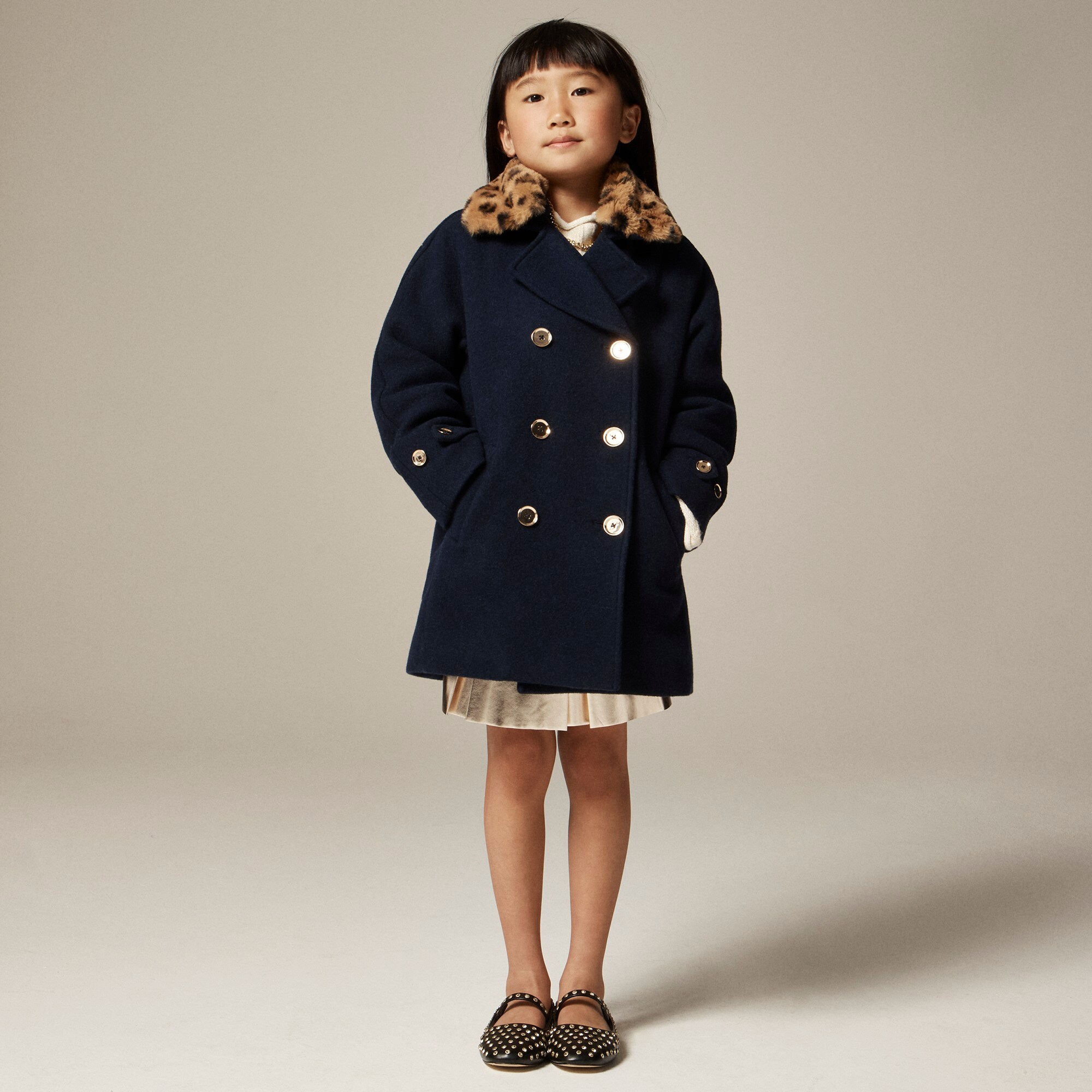 J.Crew Girls Wool blend Peacoat With Leopard Faux fur Collar For Girls