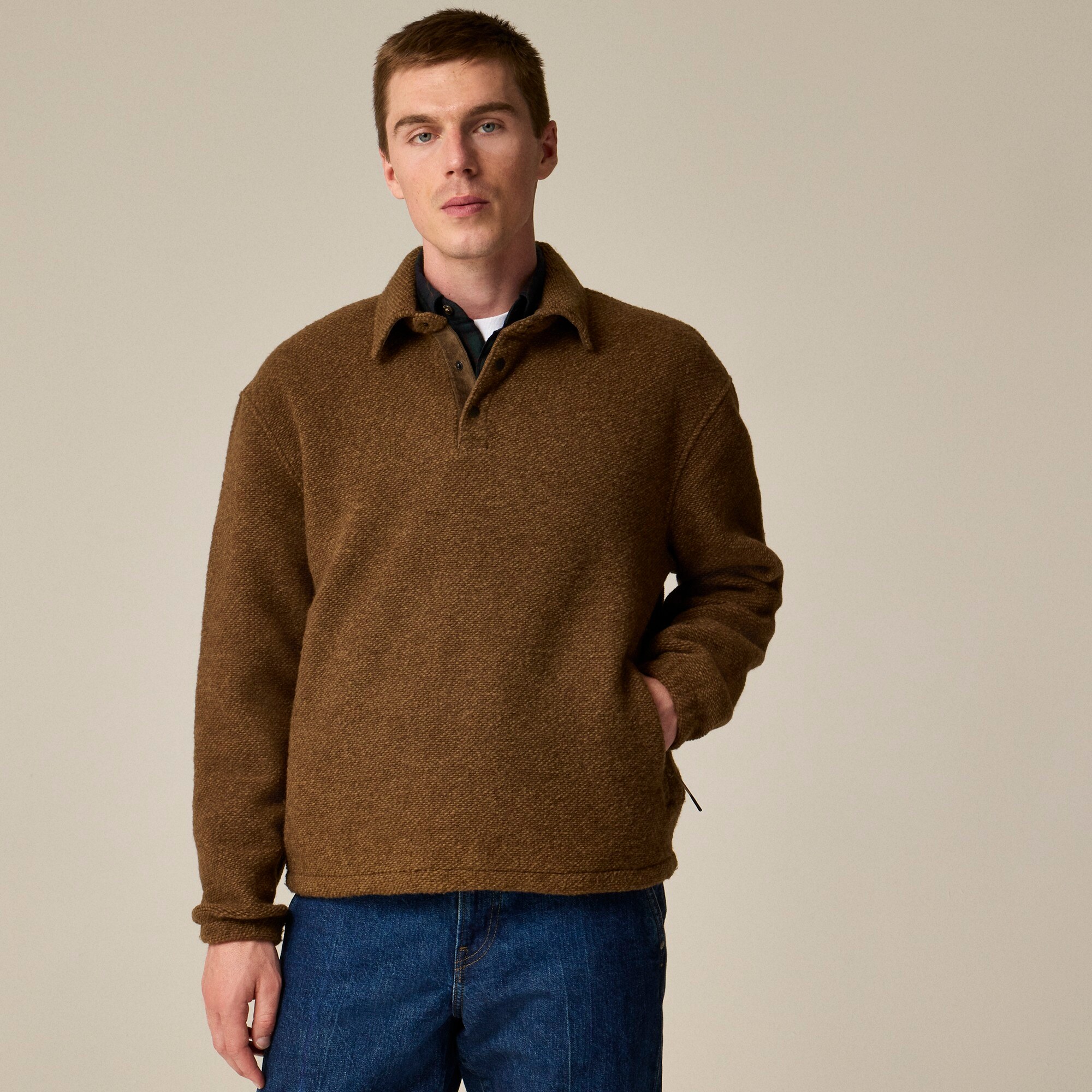 J.Crew: Wool-blend Sweater Fleece Snap-collar Pullover For Men