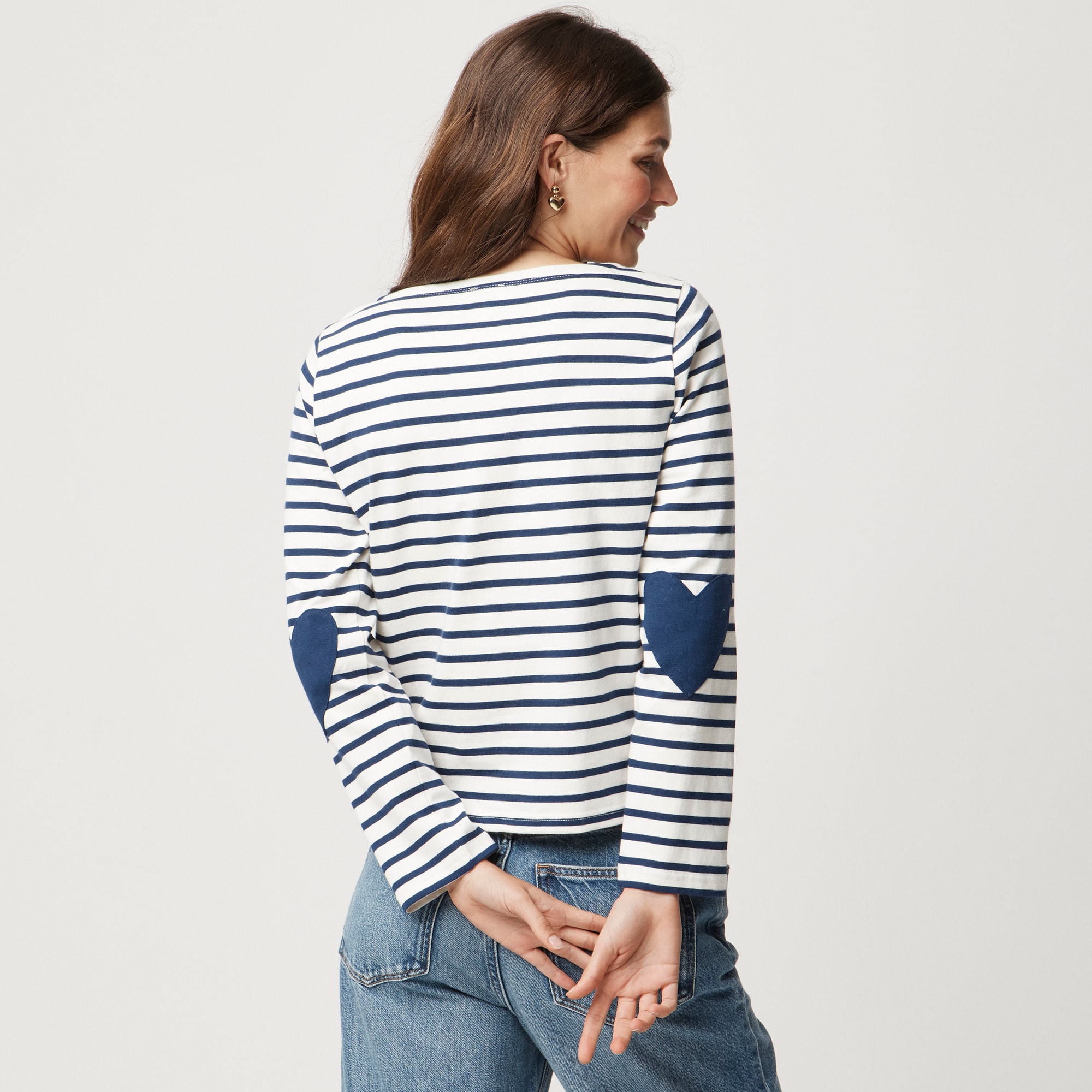 Boatneck striped top with heart elbow patches