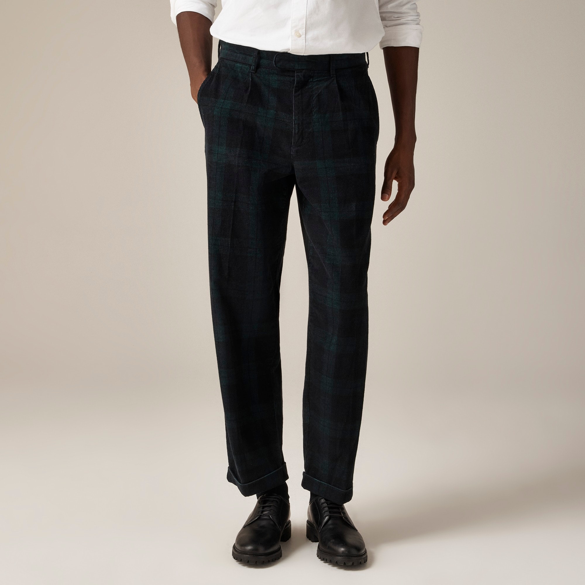 mens Relaxed-fit pleated 14-wale corduroy trouser in plaid