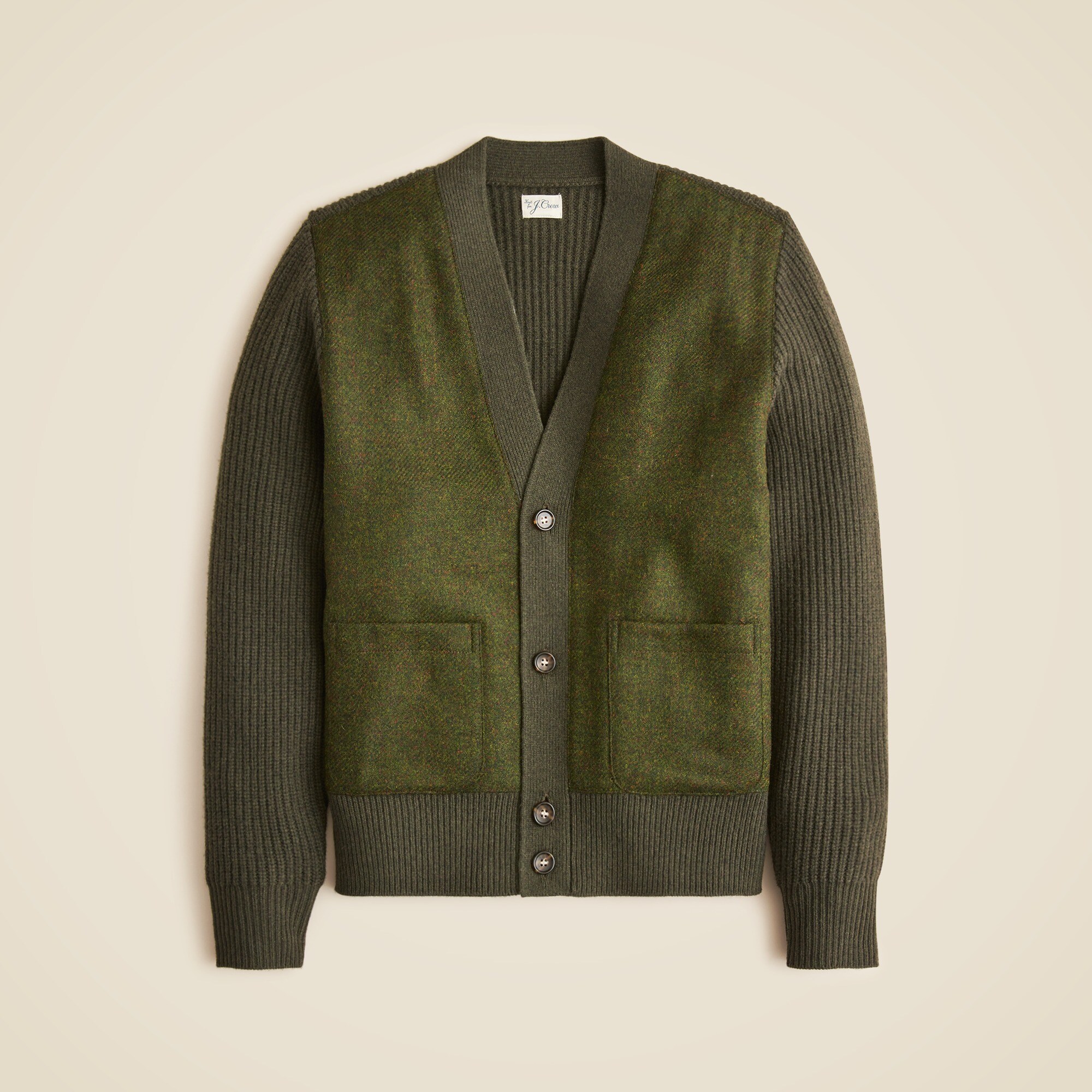 Ribbed wool V-neck cardigan sweater with English wool panels