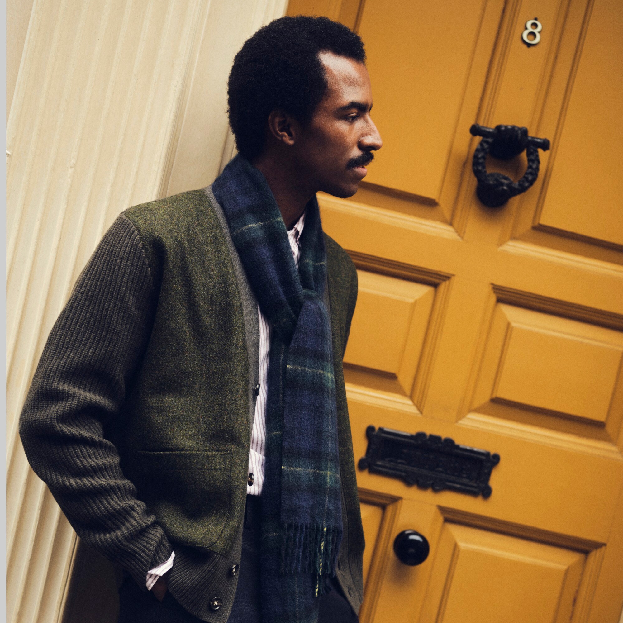 J.Crew Ribbed Wool V neck Cardigan Sweater With English Wool Panels For Men