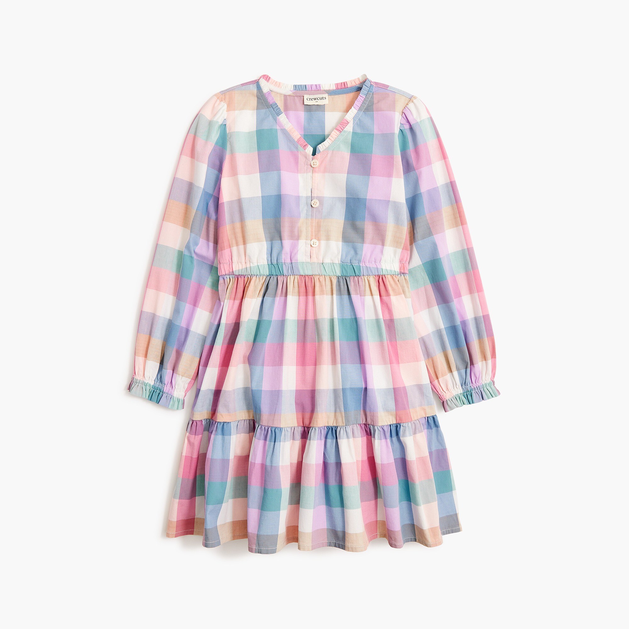 Girls' plaid button-front tiered dress