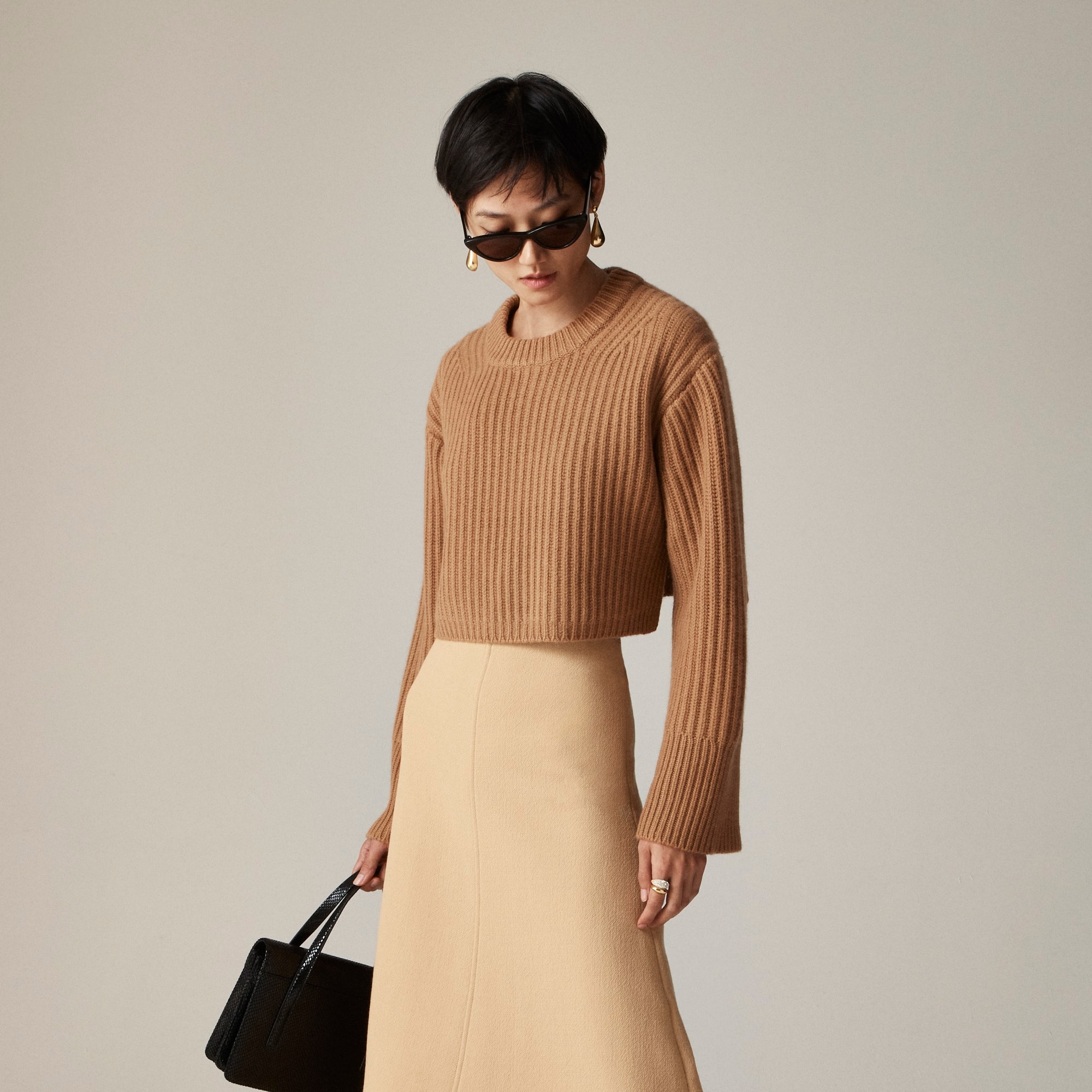 Spring Street Cropped Ribbed Cashmere Crewneck Sweater For Women