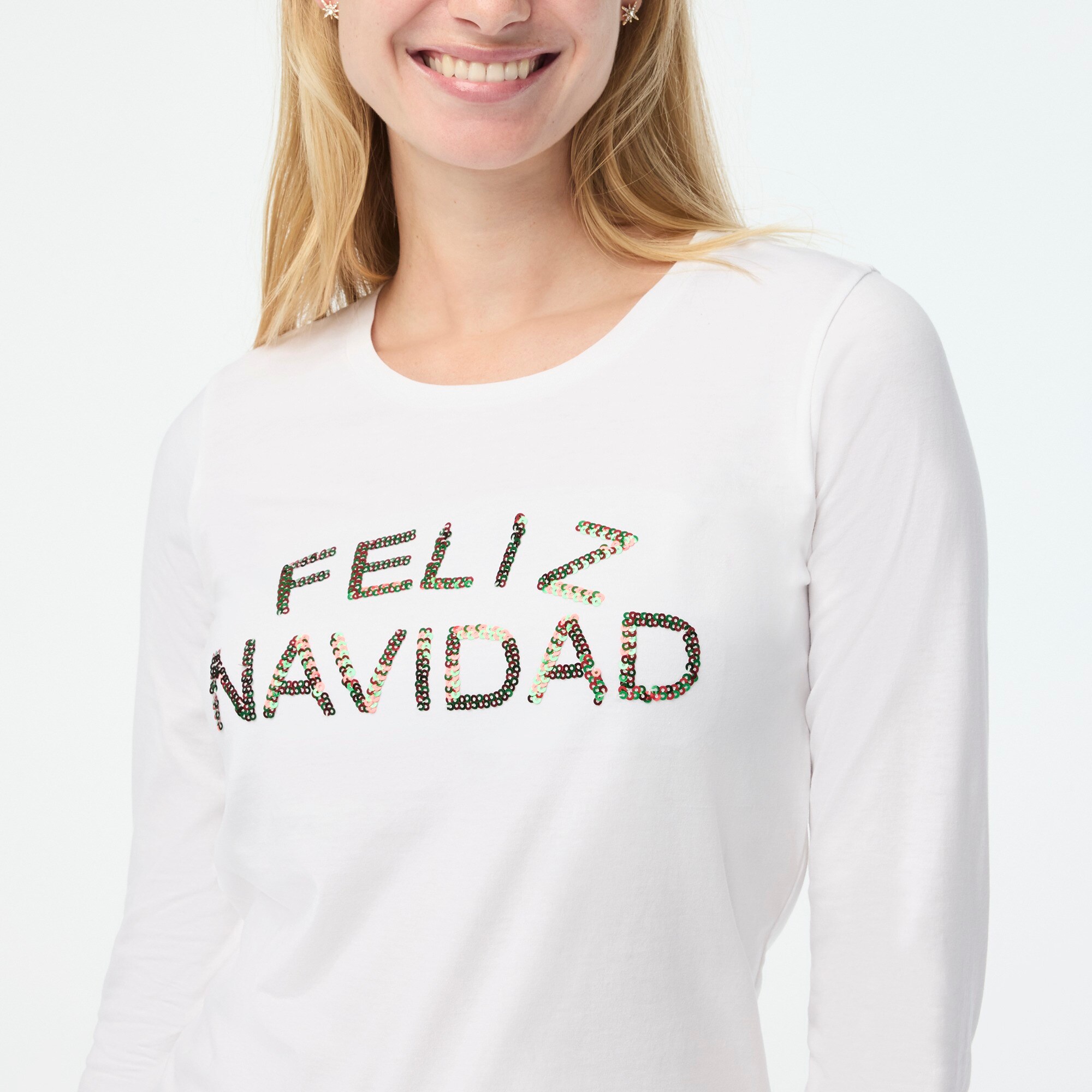 Long-sleeve sequin "feliz navidad" graphic tee