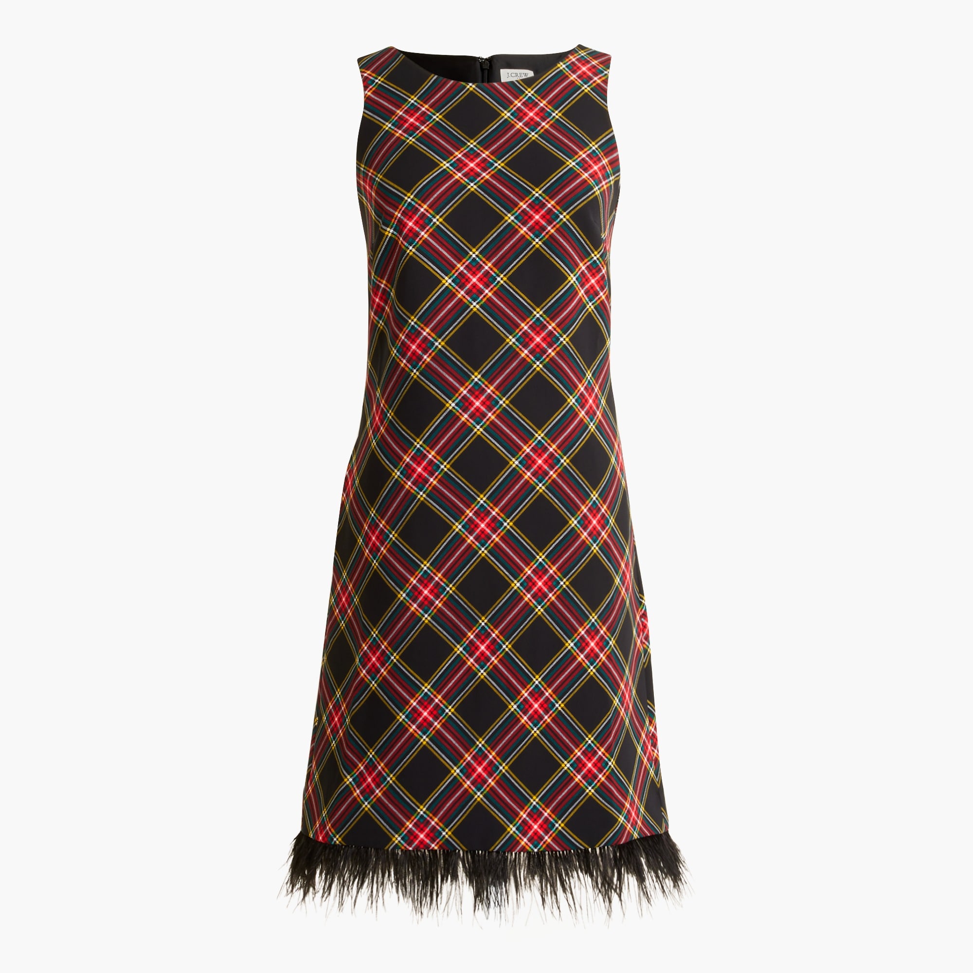 Tartan feather-trim mini dress
