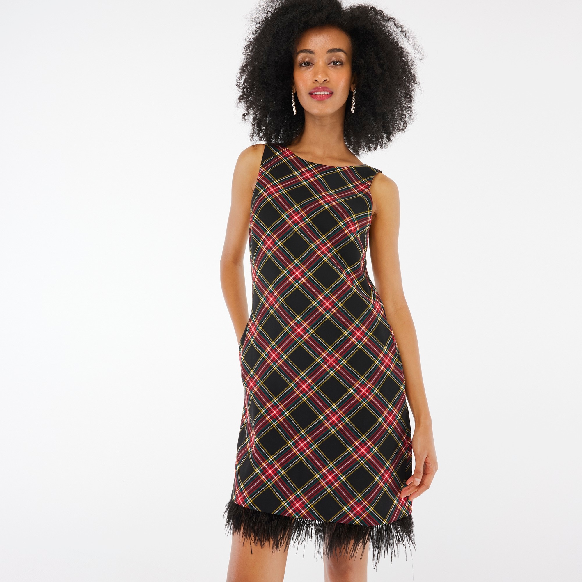 Tartan feather-trim mini dress