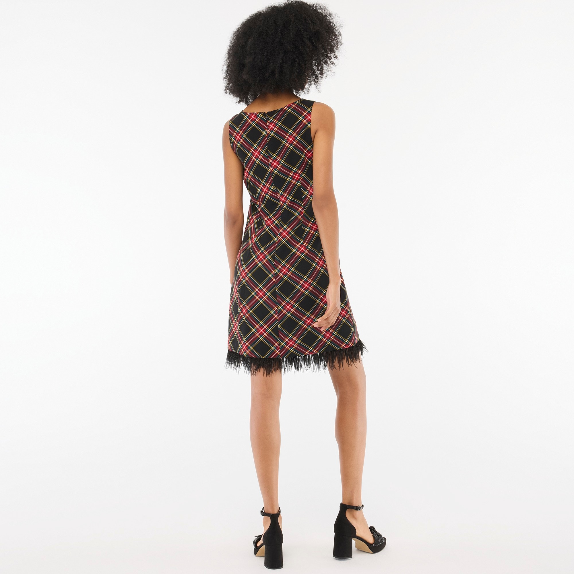 Tartan feather-trim mini dress