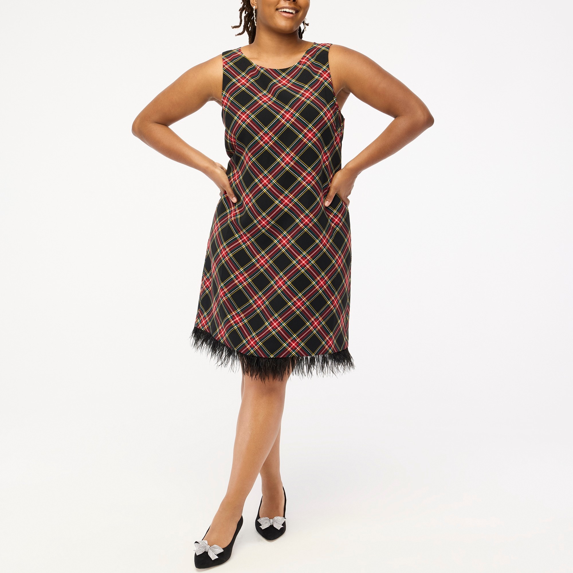 Tartan feather-trim mini dress