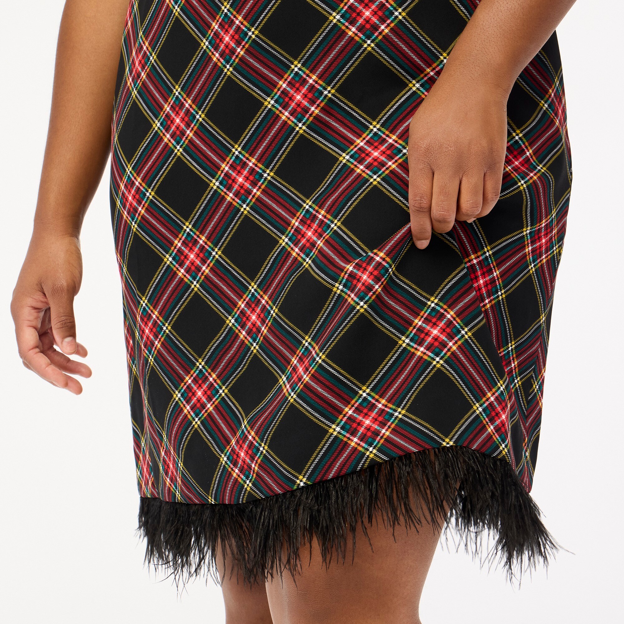Tartan feather-trim mini dress