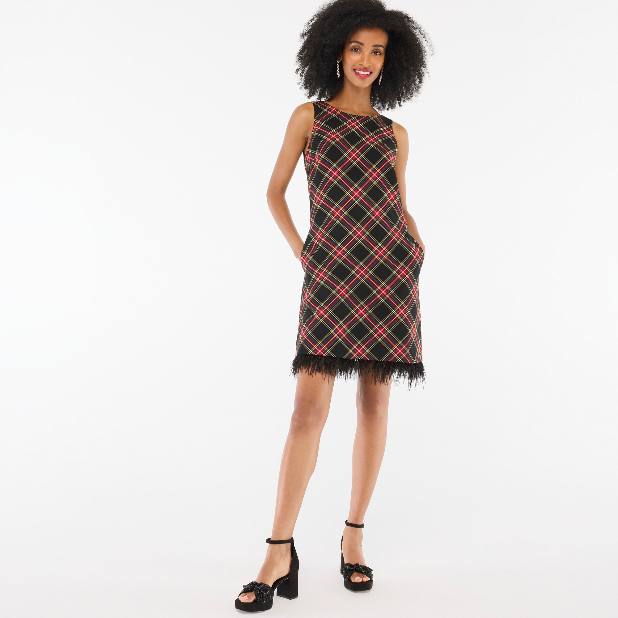 Tartan feather-trim mini dress