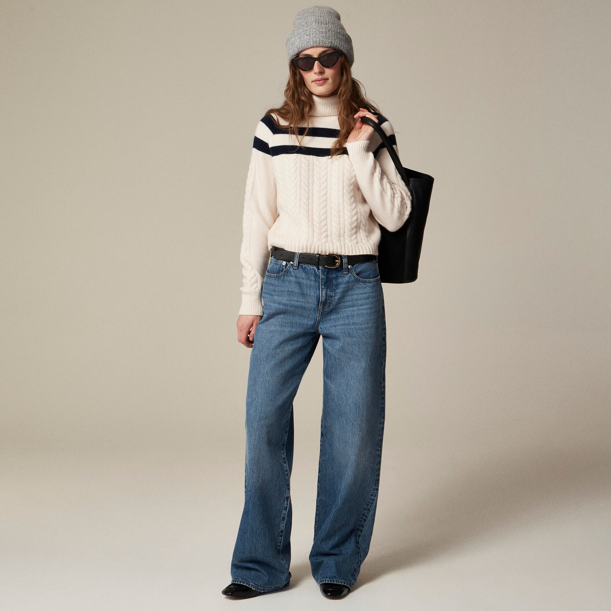 Cashmere Cable-knit Turtleneck Sweater With Contrast Stripe For