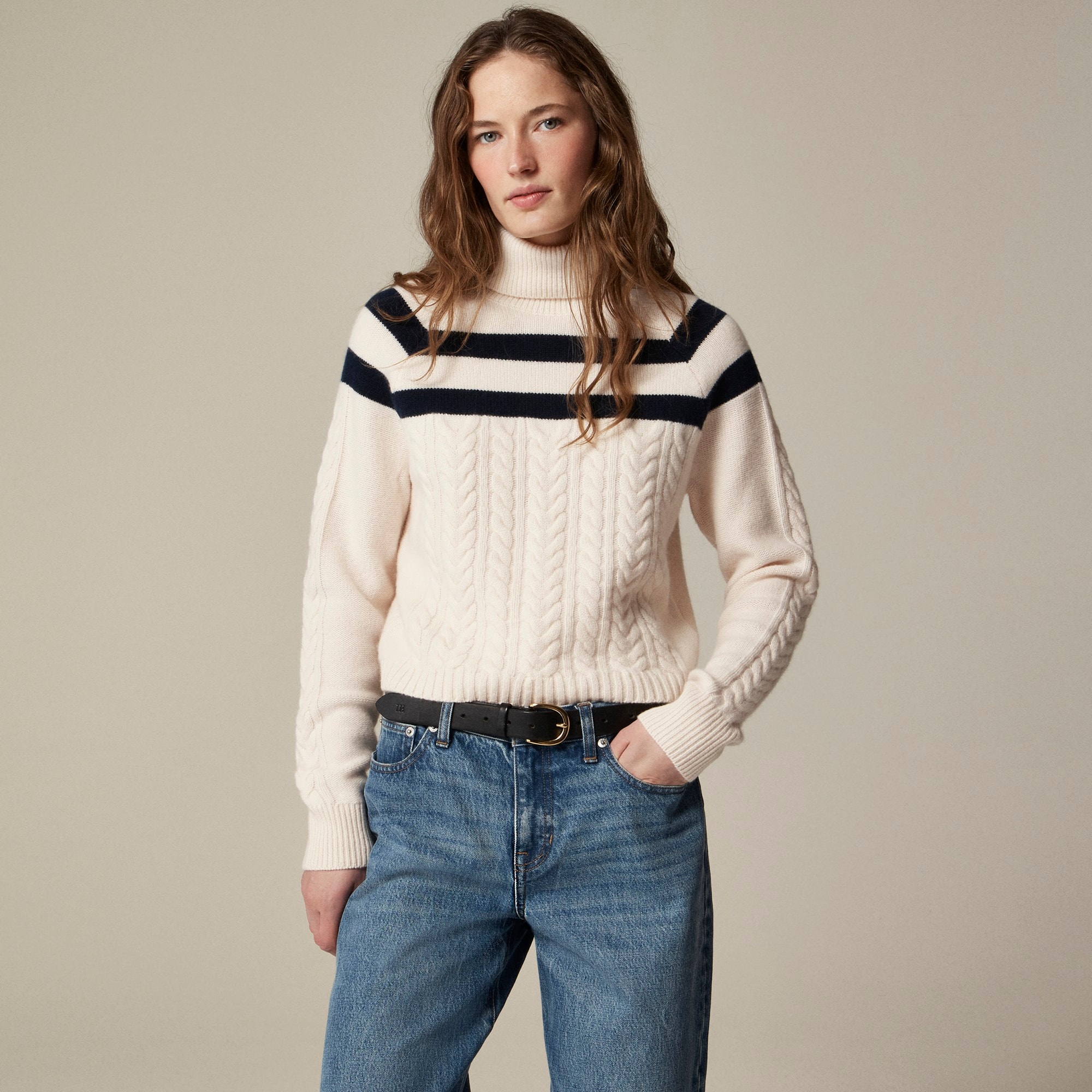 Cashmere Cable-knit Turtleneck Sweater With Contrast Stripe For