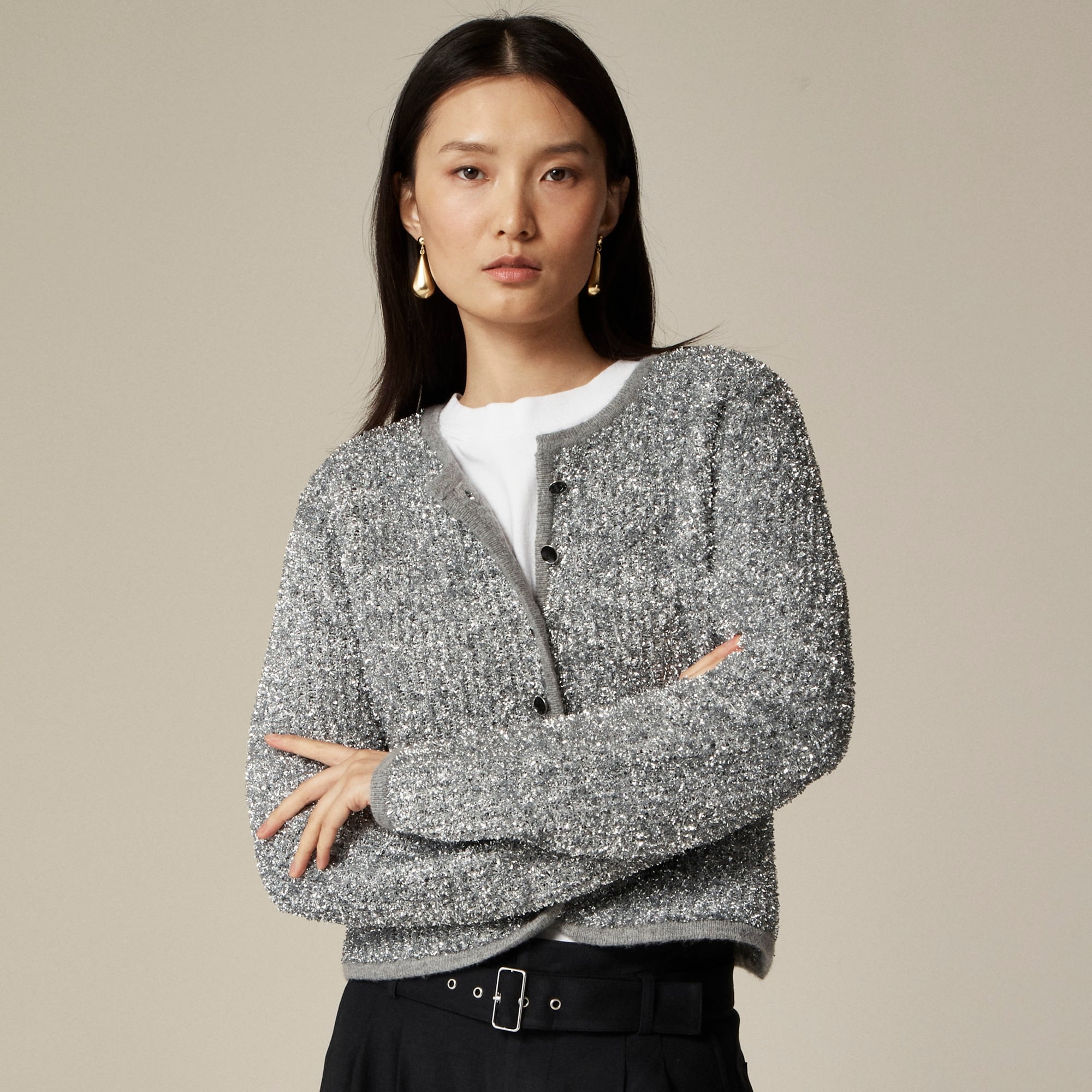J.Crew Sweater Lady Jacket In Silver Tinsel Yarn For Women